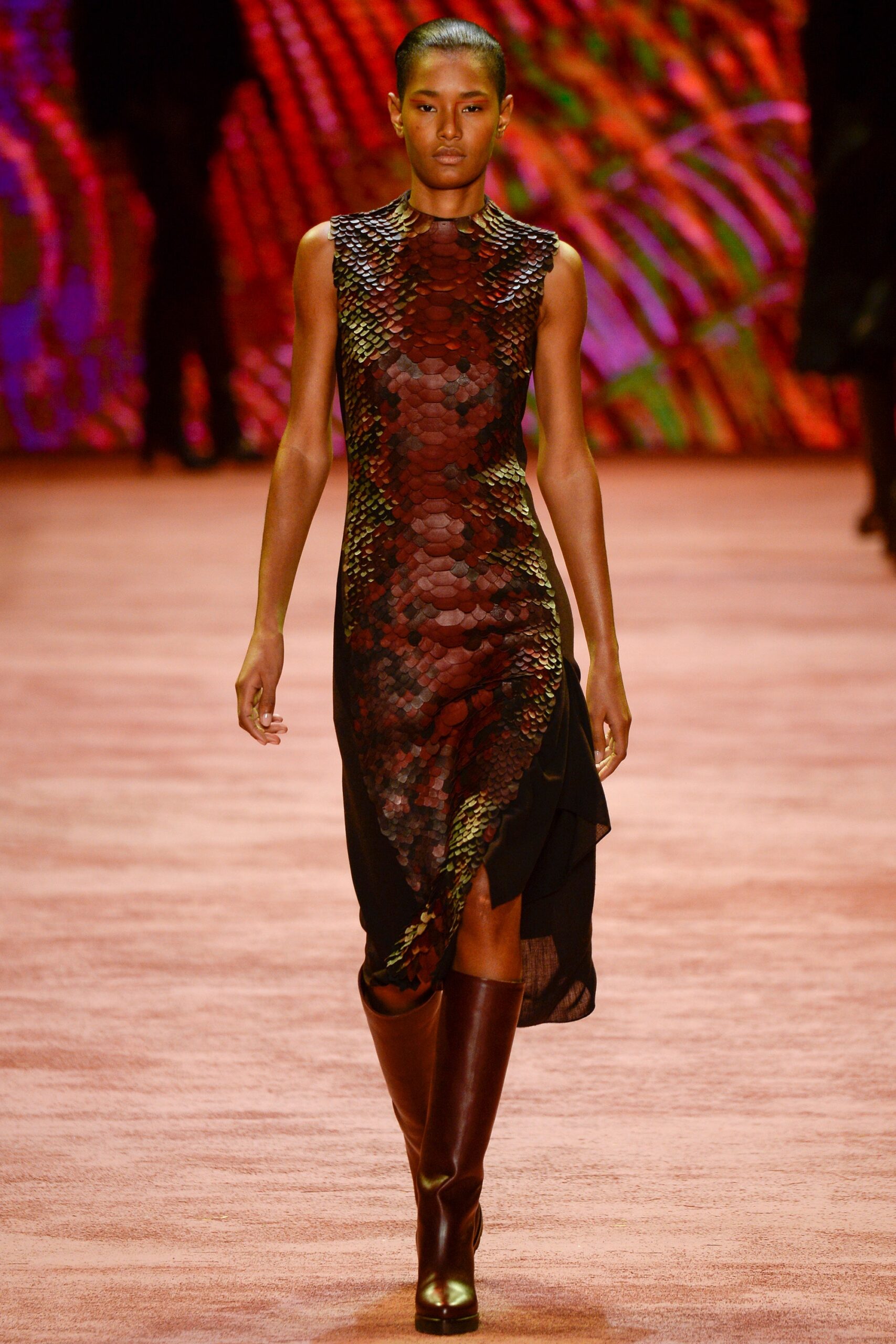 red silk sleeveless high-neck fitted draped shiny dress