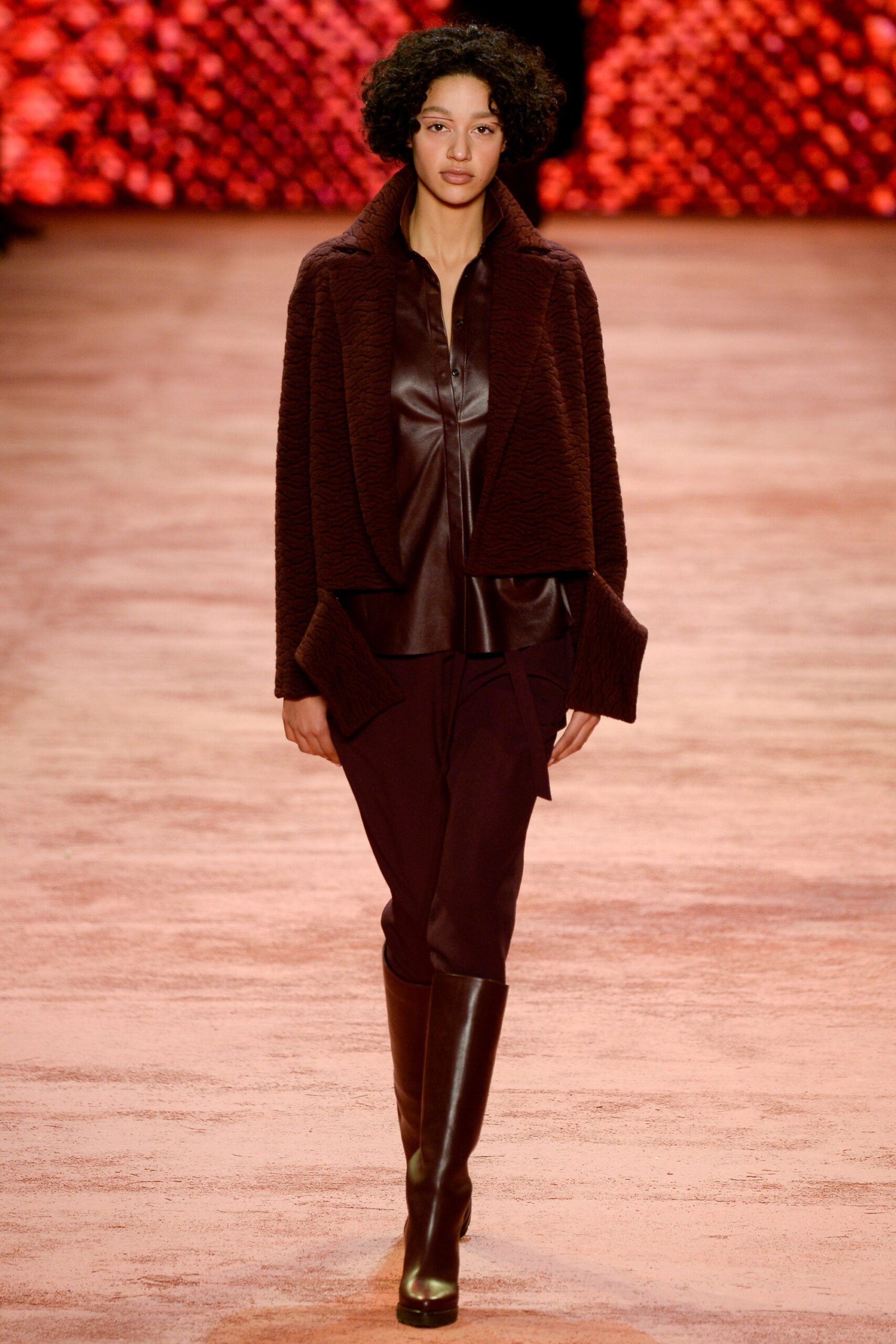 brown wool long-sleeve collared fitted textured jacket