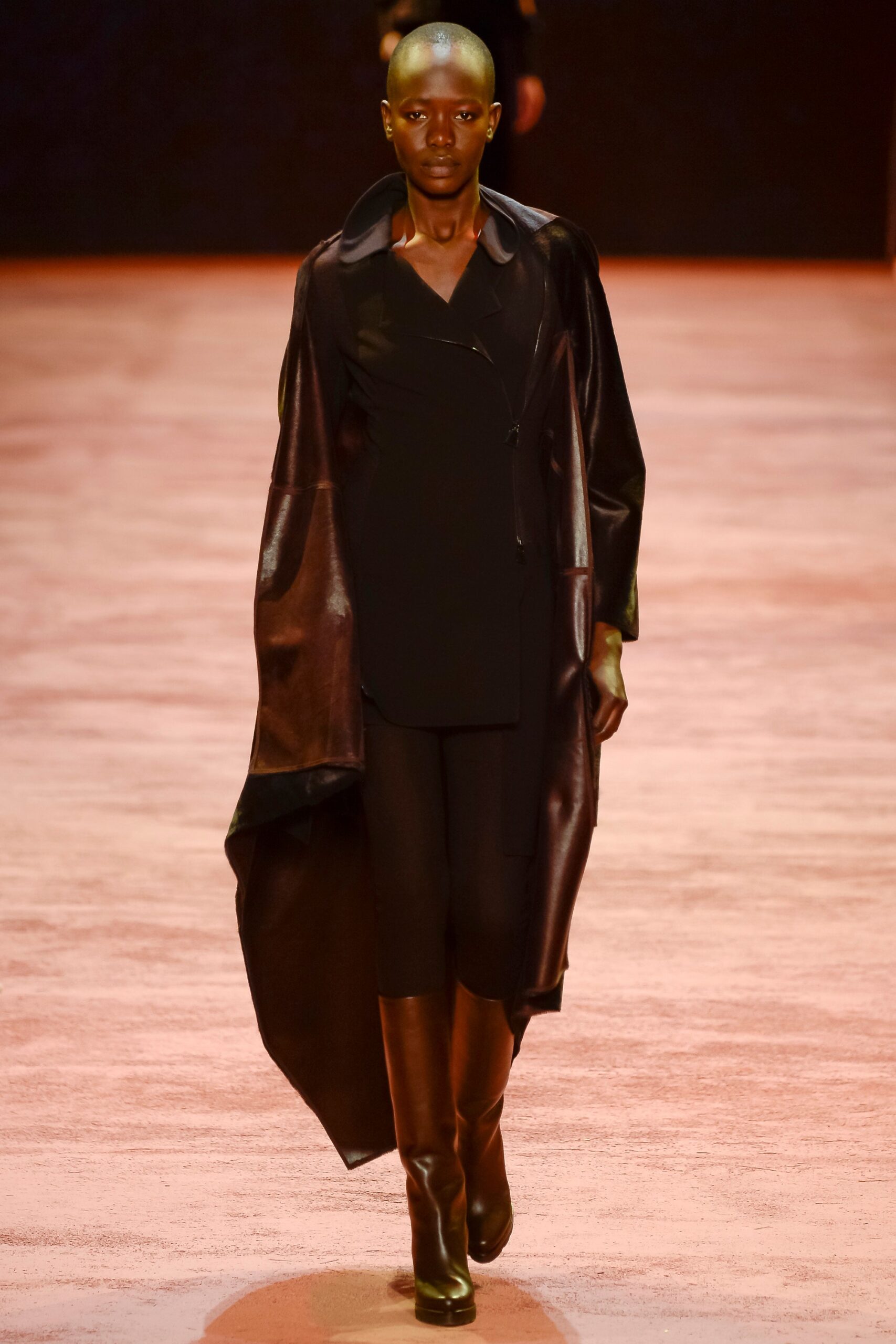 black leather long-sleeve collared relaxed draped coat