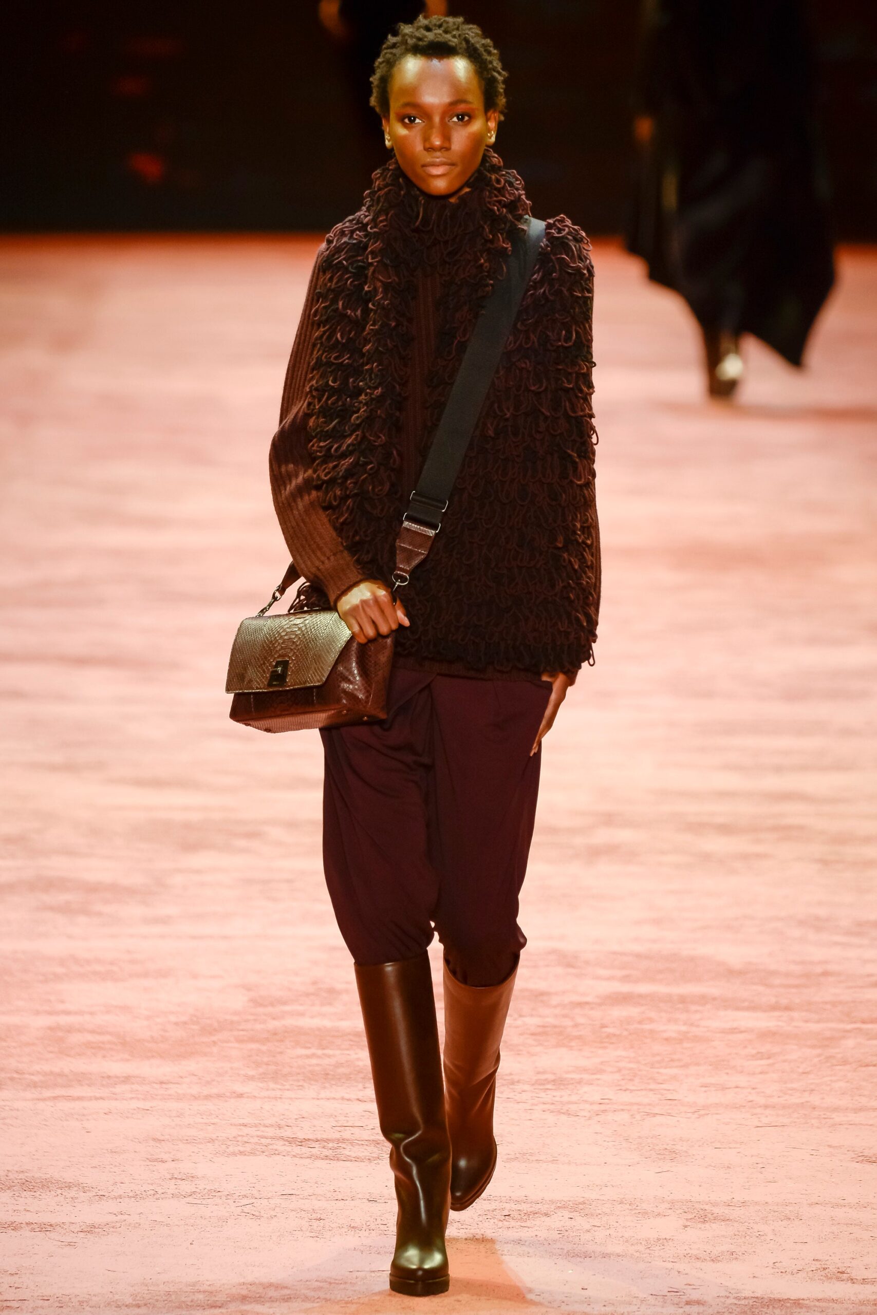 brown wool long-sleeve high-neck relaxed ruffled sweater