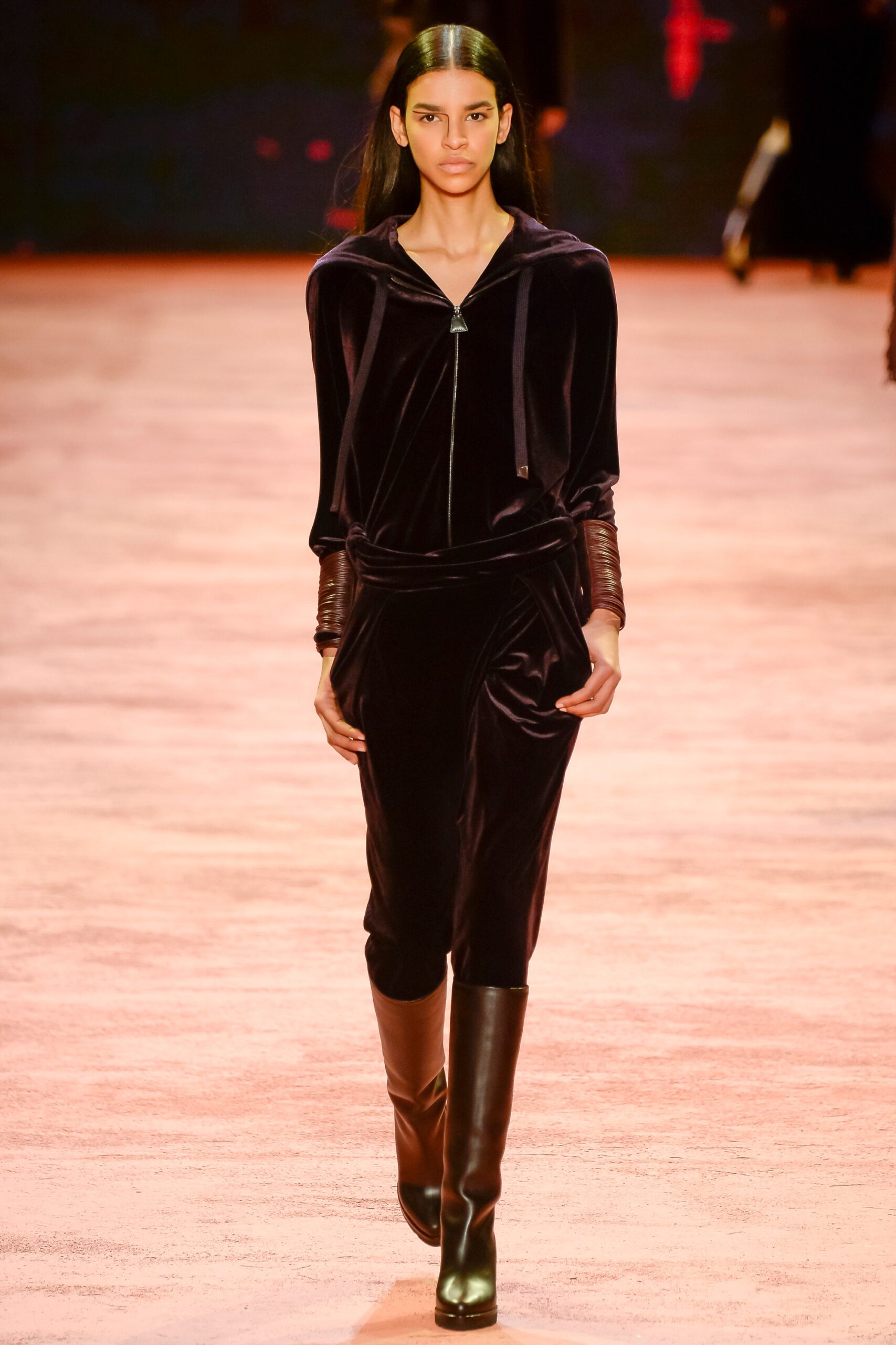 purple velvet long-sleeve hooded relaxed zippered jumpsuit