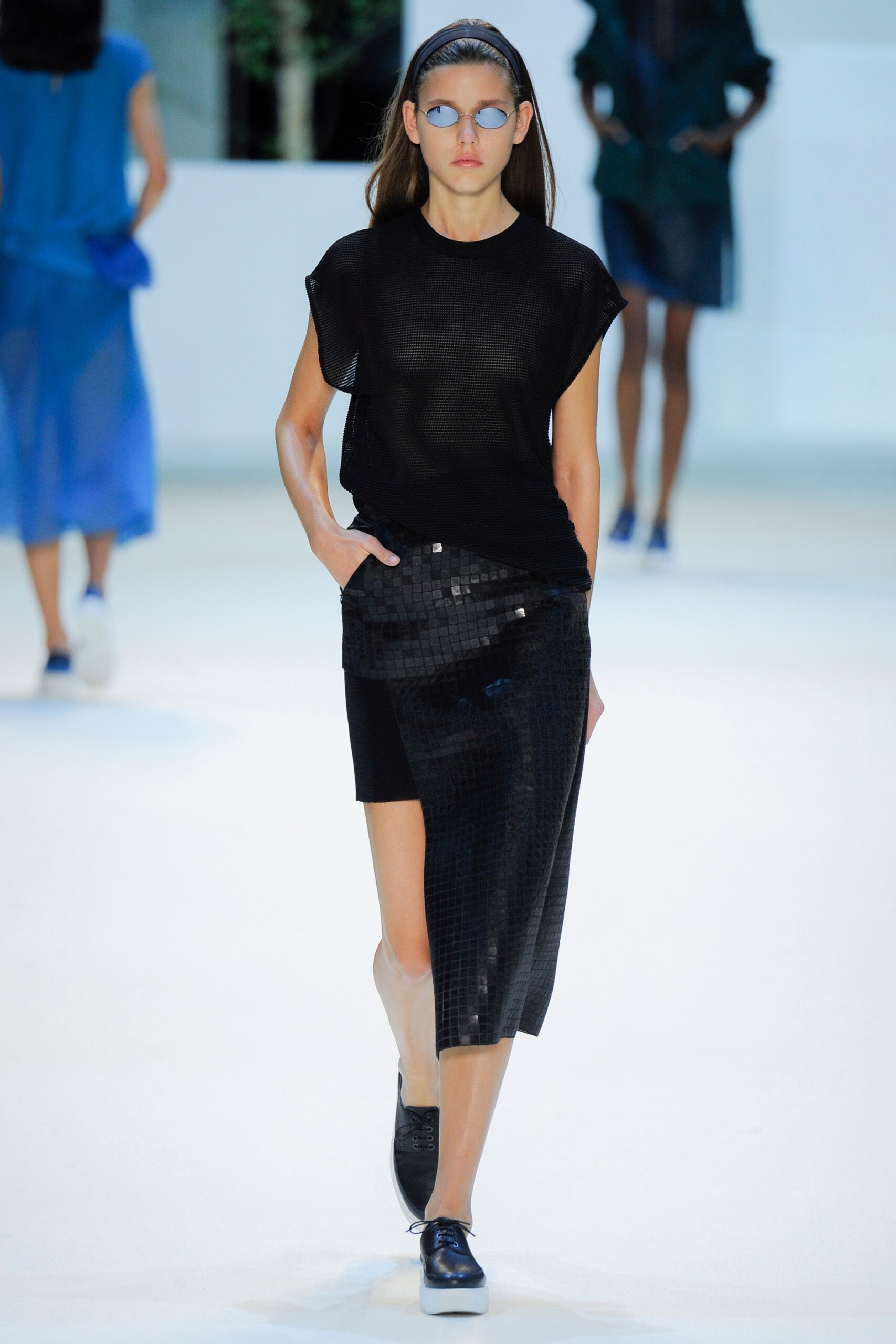 black mesh top and asymmetric skirt