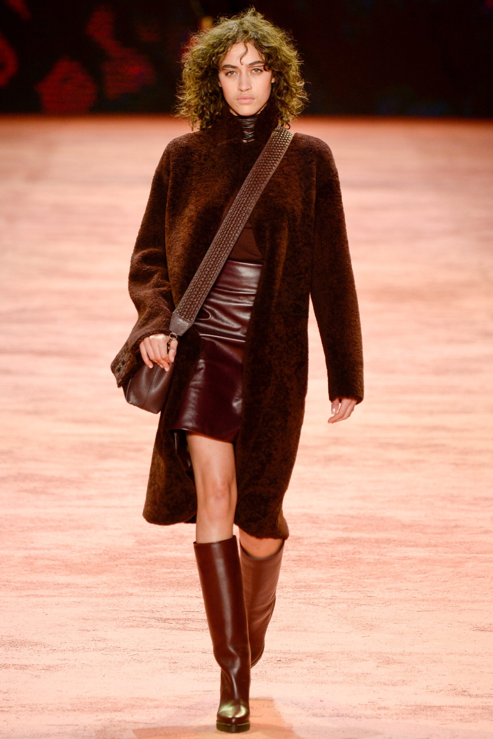 brown faux-fur long-sleeve high-neck relaxed layered coat