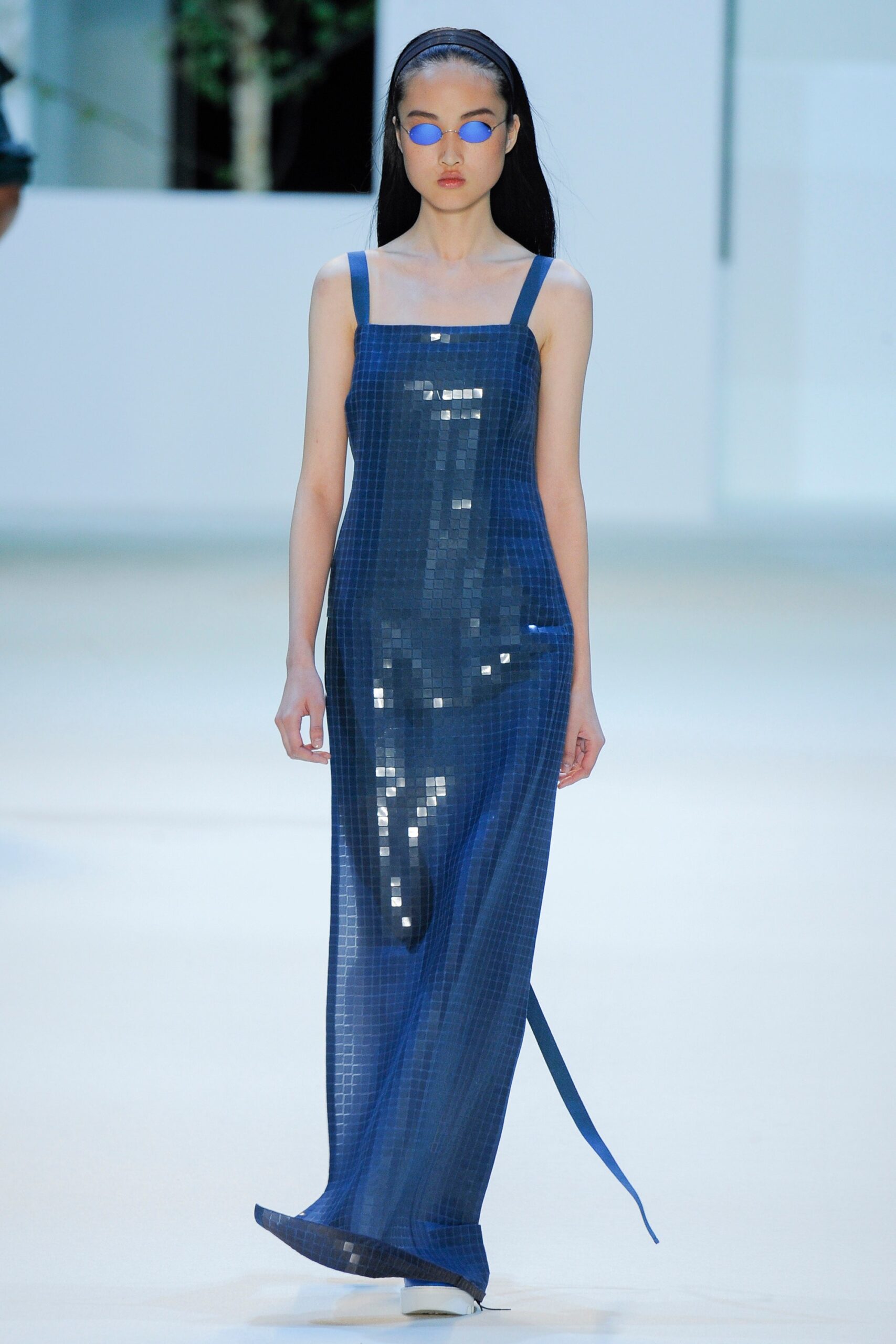 blue silk sleeveless dress