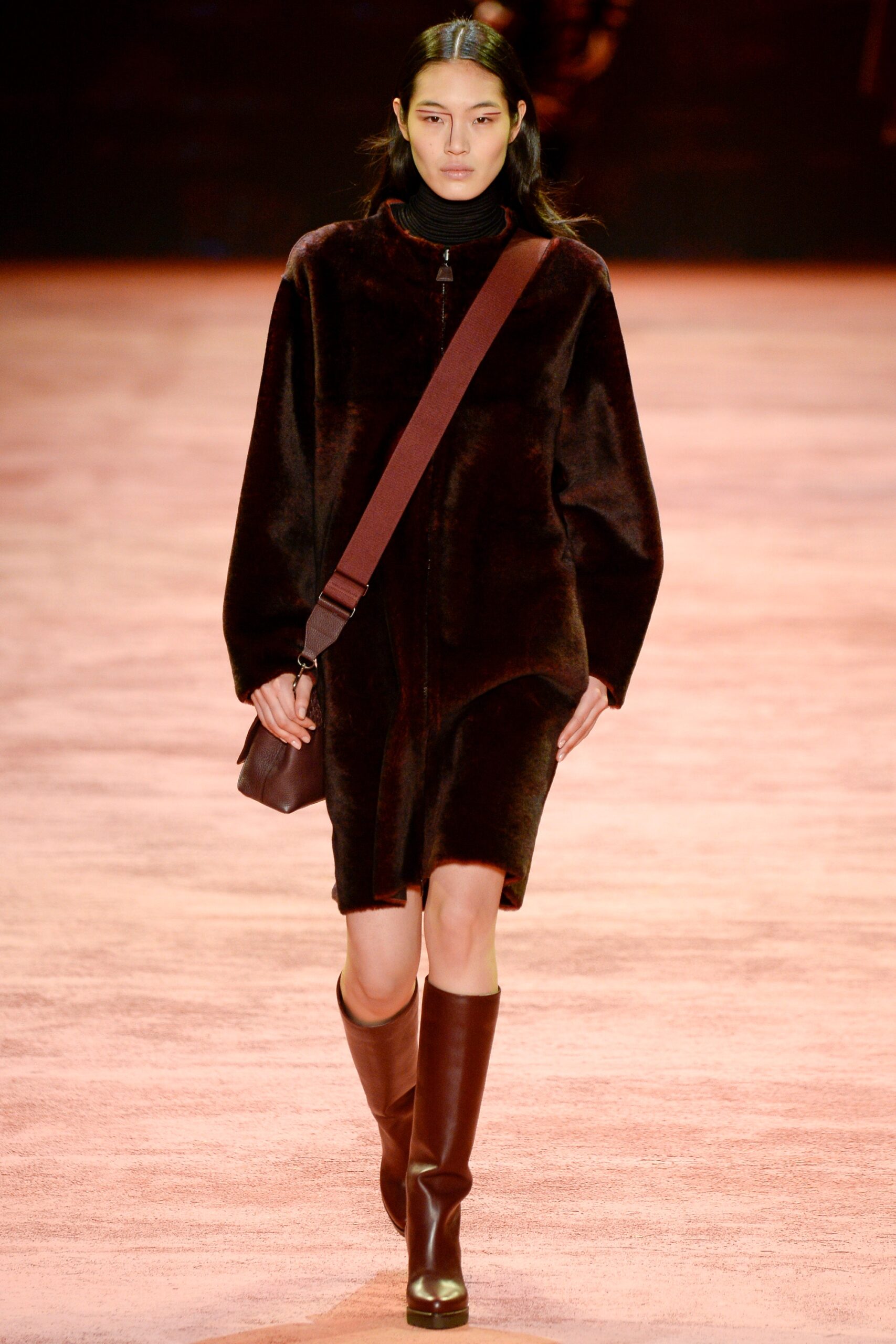 brown faux-fur long-sleeve high-neck relaxed zippered short dress