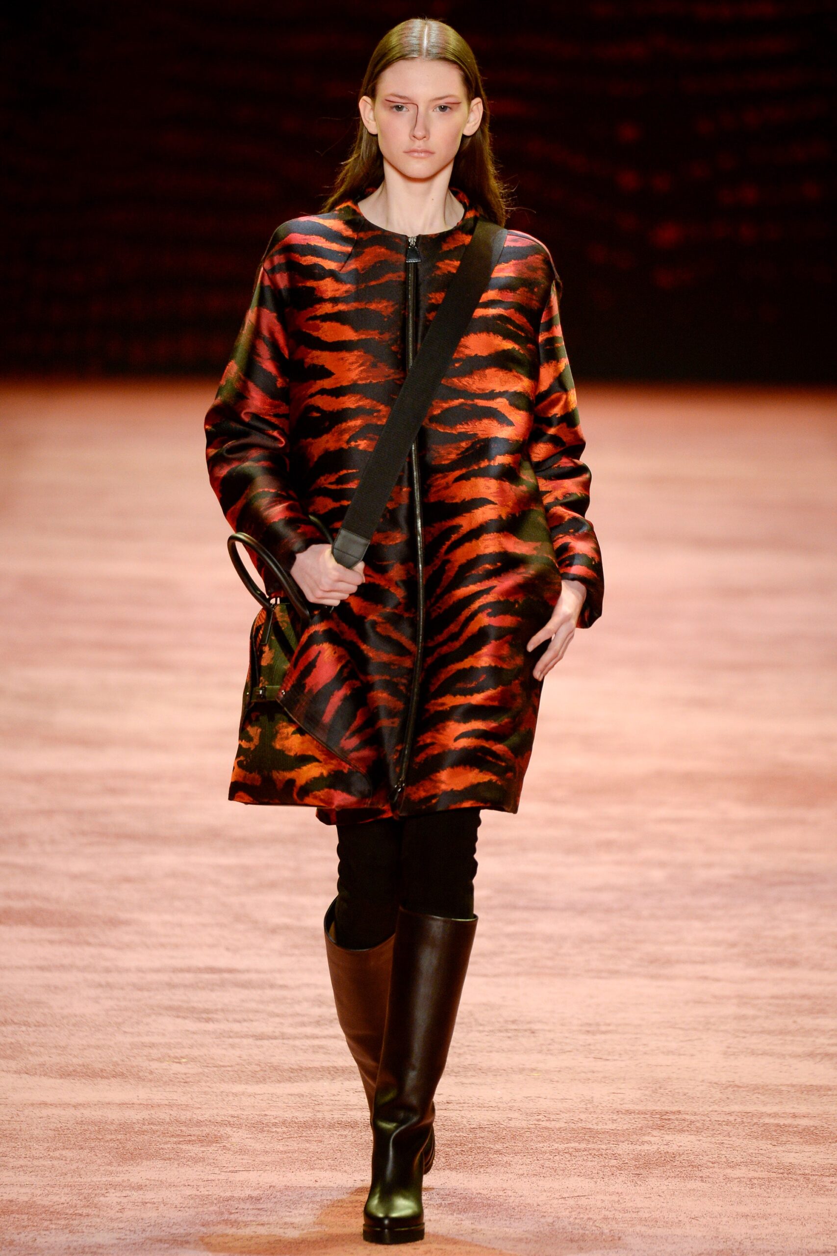 orange wool long-sleeve collared relaxed animal-print coat