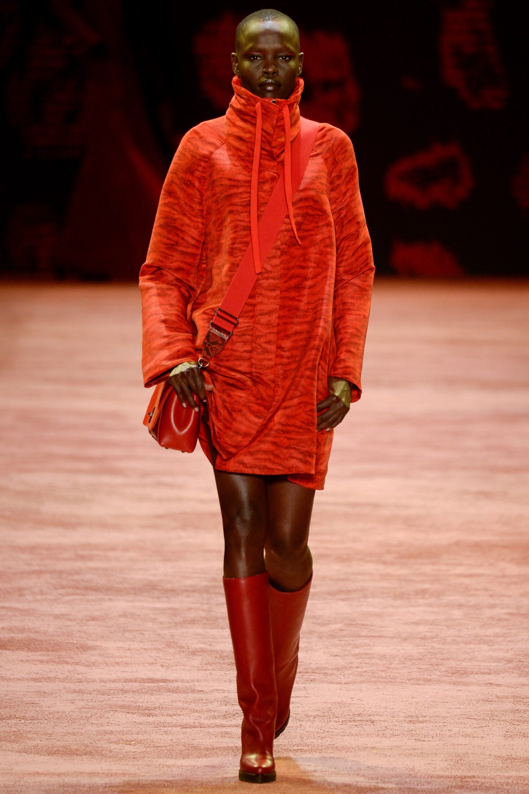 red cotton long-sleeve high-neck relaxed draped short dress