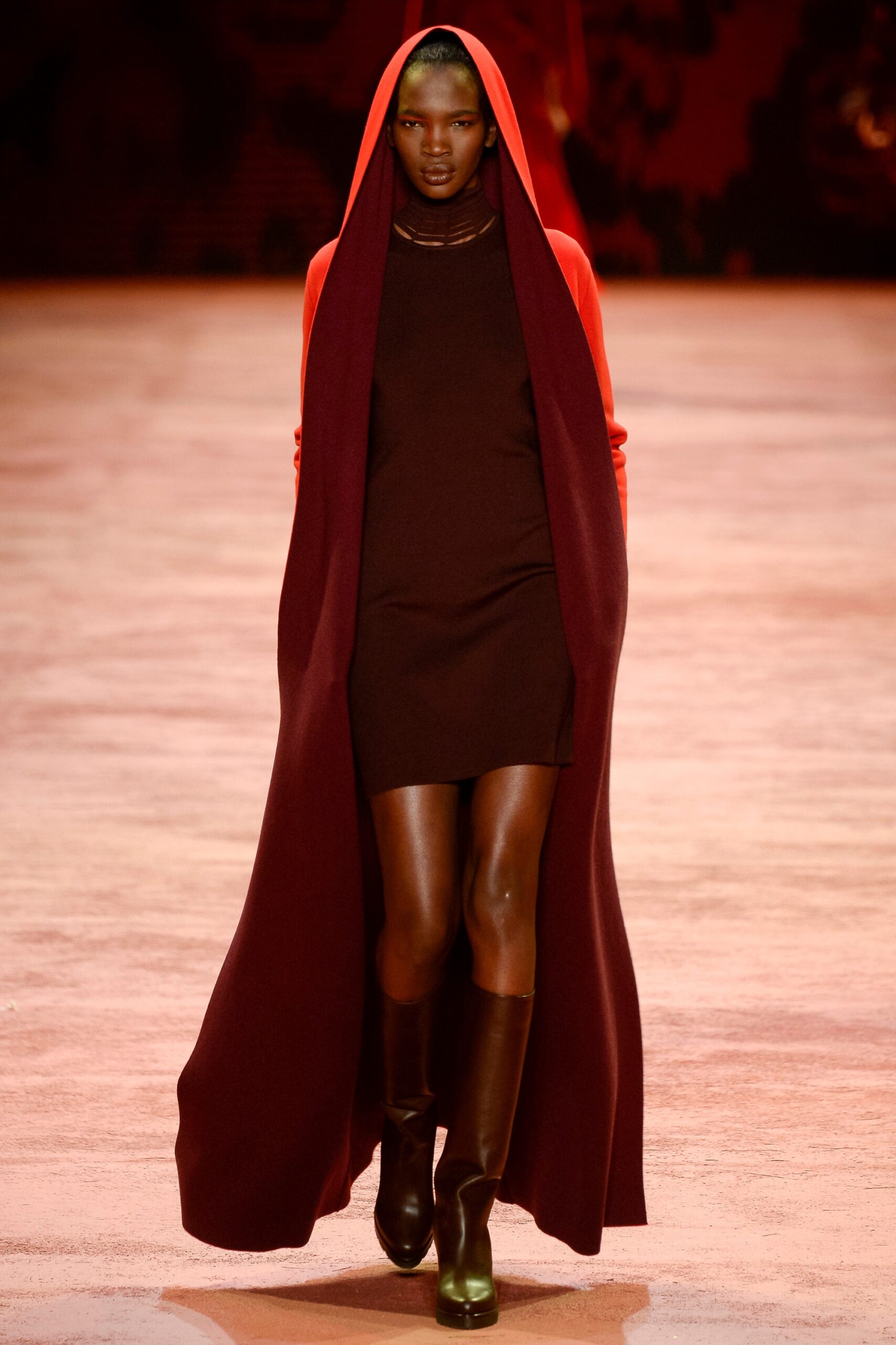 red wool long-sleeve relaxed layered cape