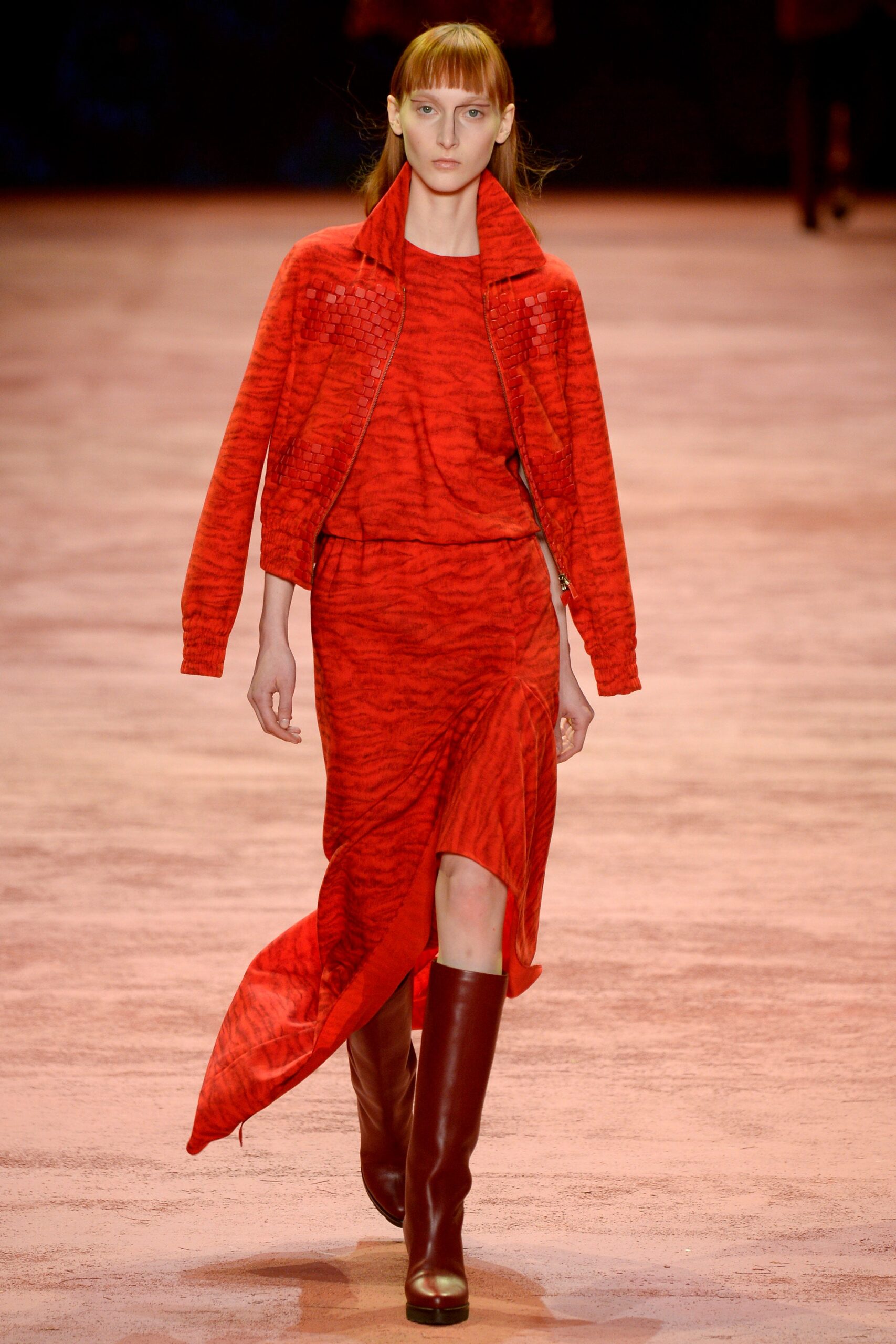 red silk long-sleeve collared fitted zippered jacket