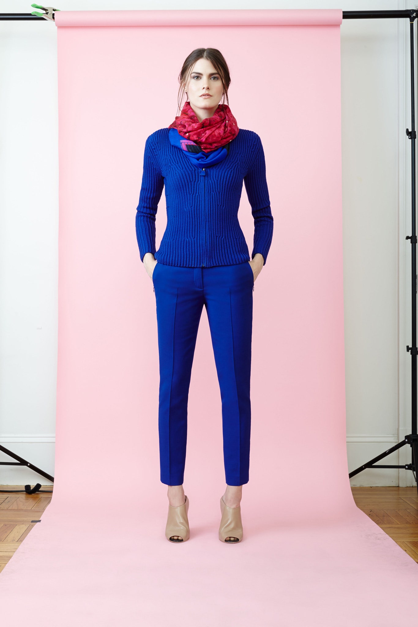 blue fitted cardigan with pants