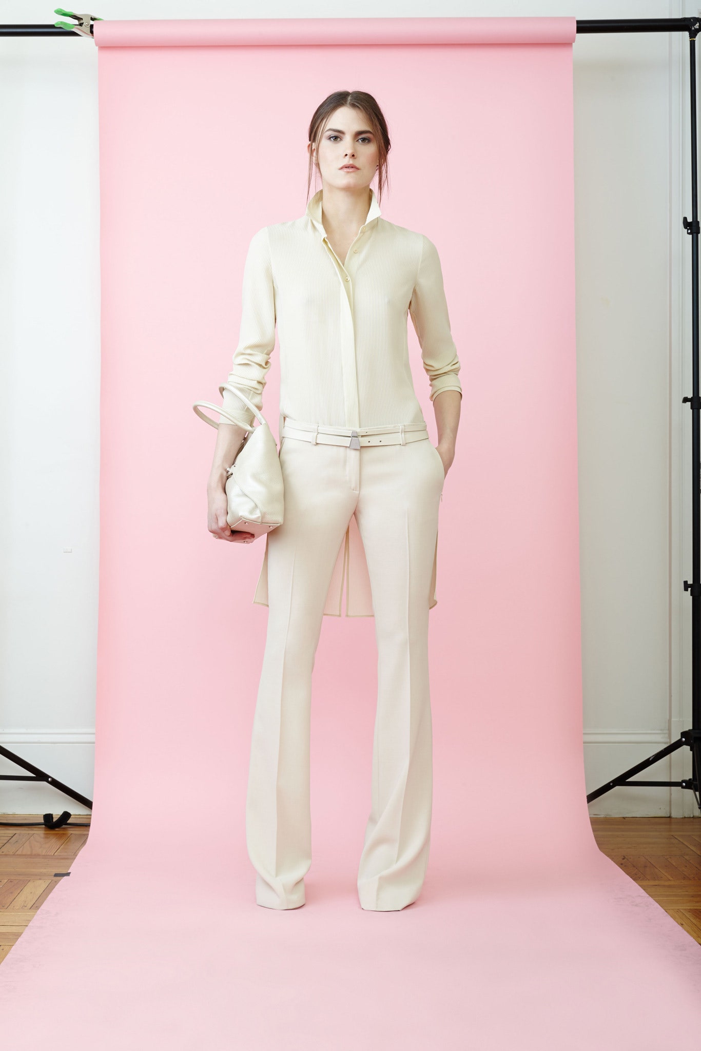 beige silk shirt and pants