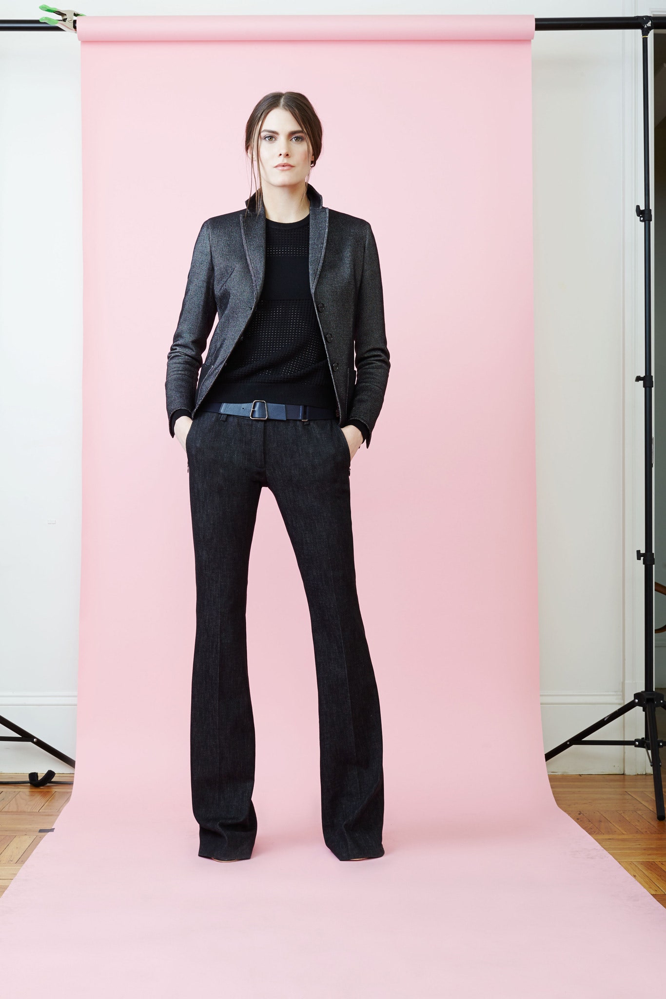 black tailored blazer with flared pants