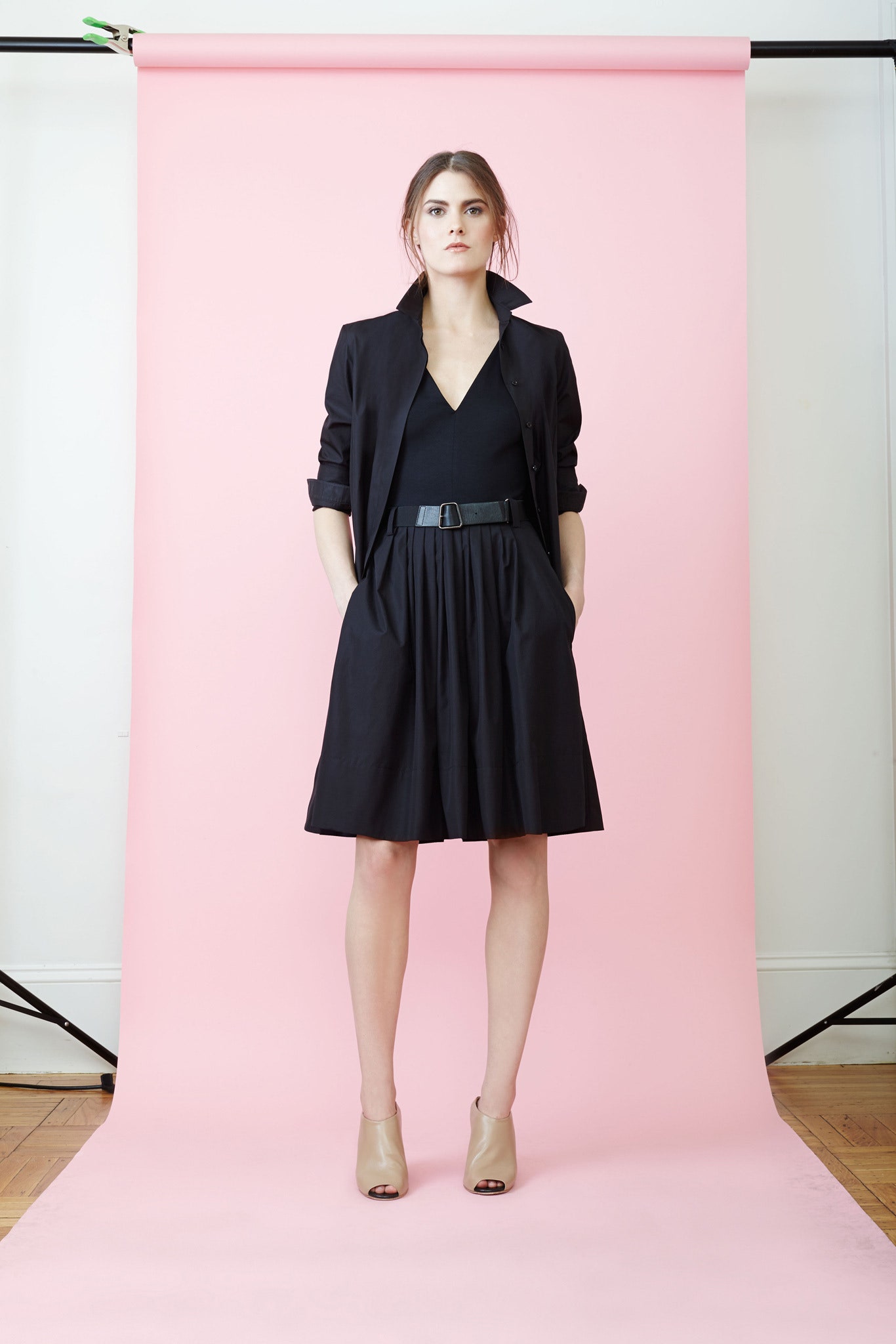 black tailored blazer and midi dress