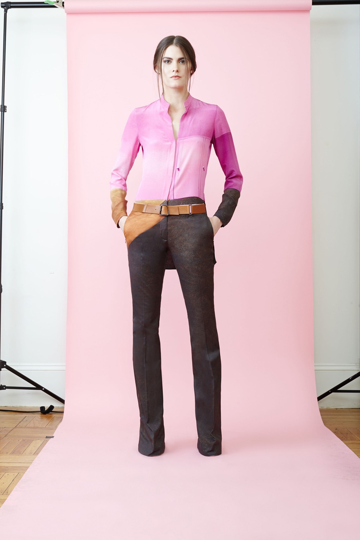 pink silk shirt with black pants