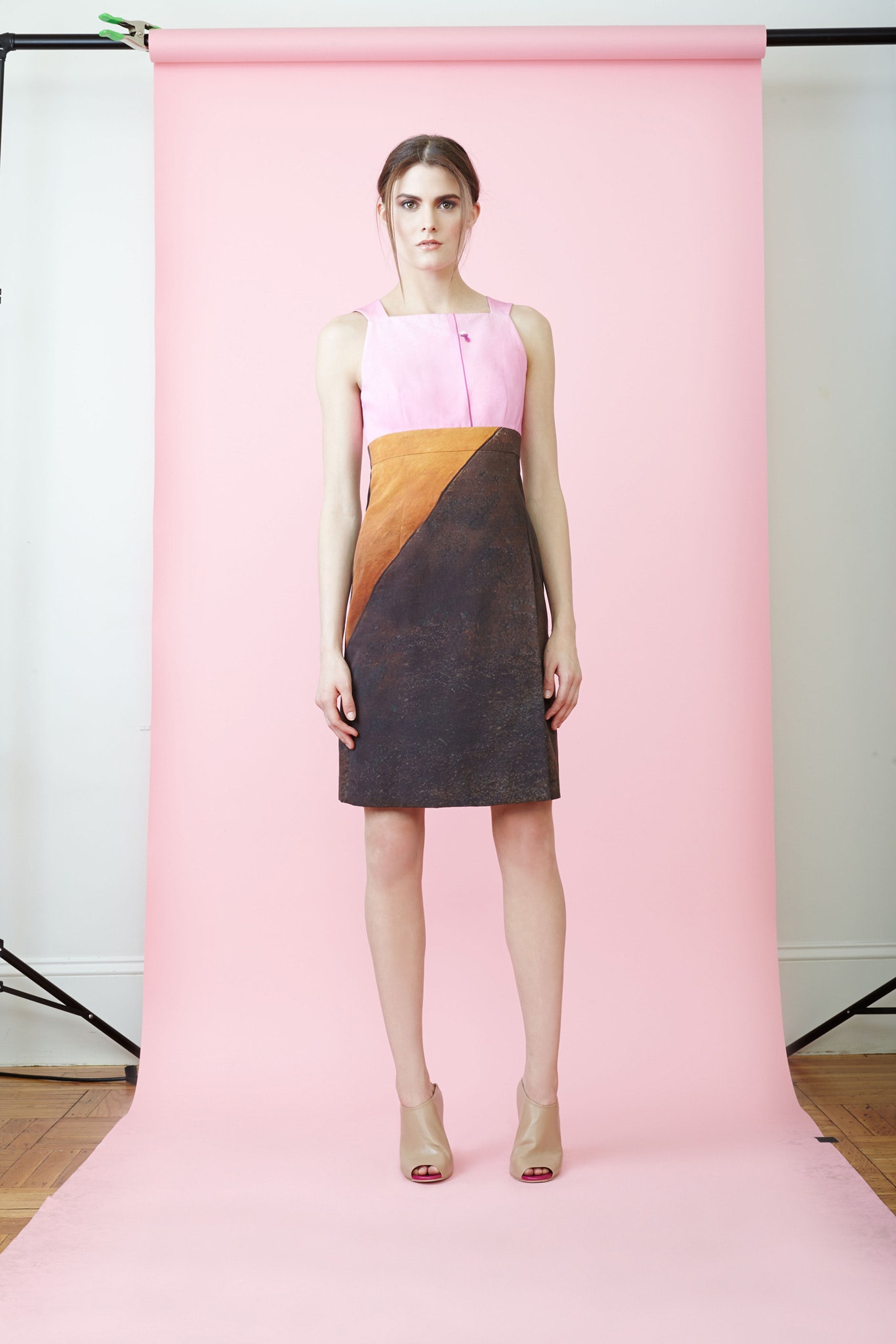 color-blocked leather mini dress