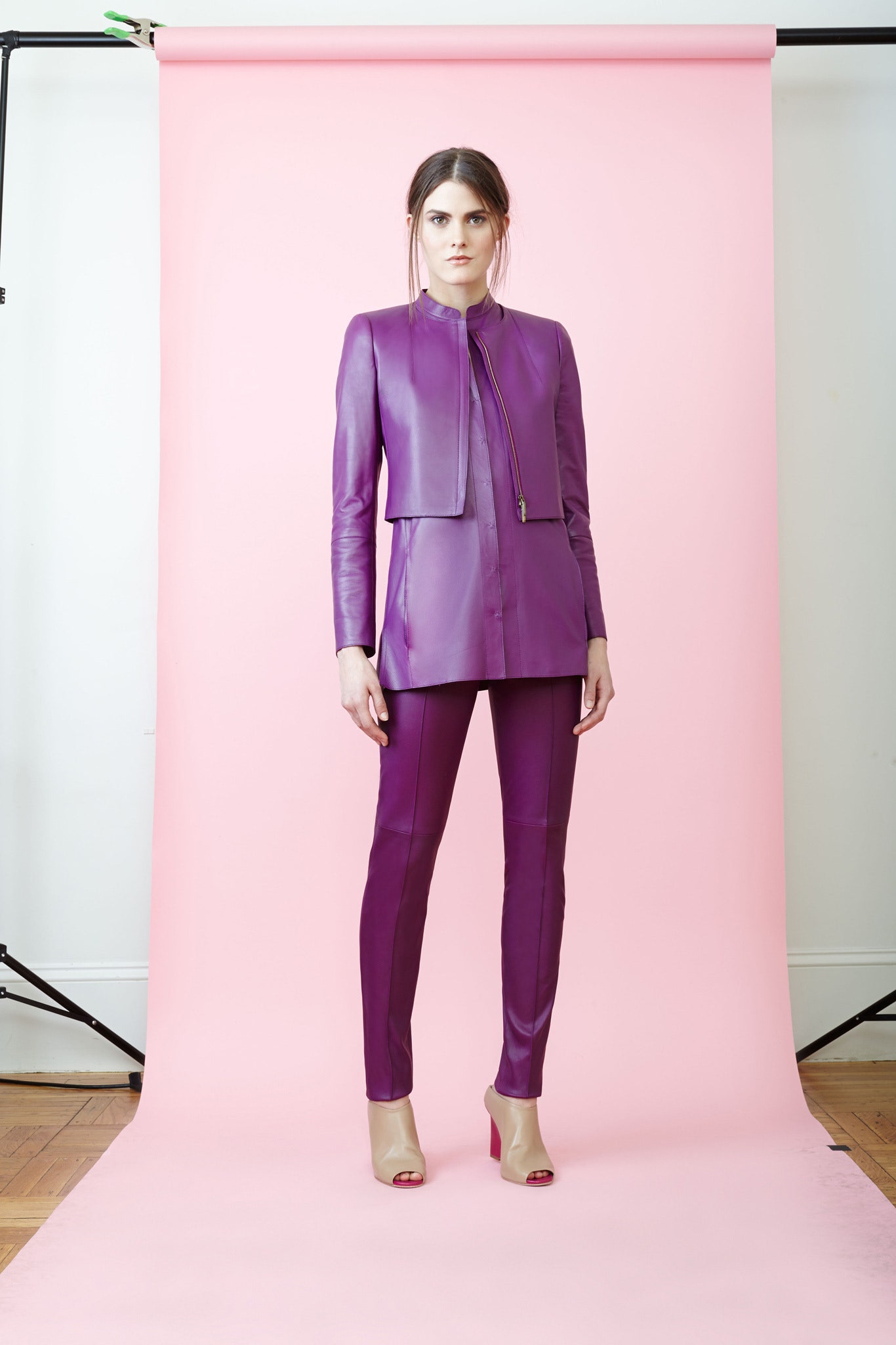 fitted purple leather jacket and pants