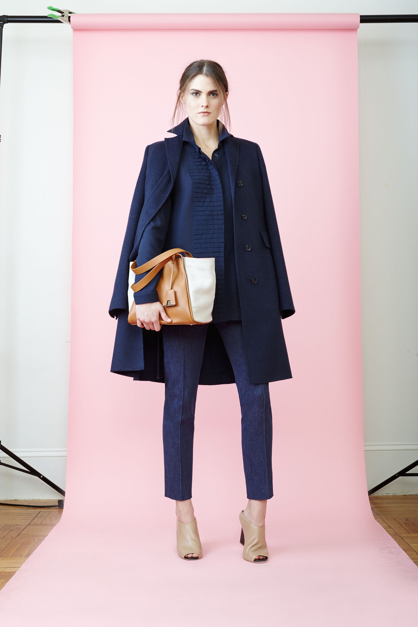 blue wool long-sleeve collared structured buttoned coat