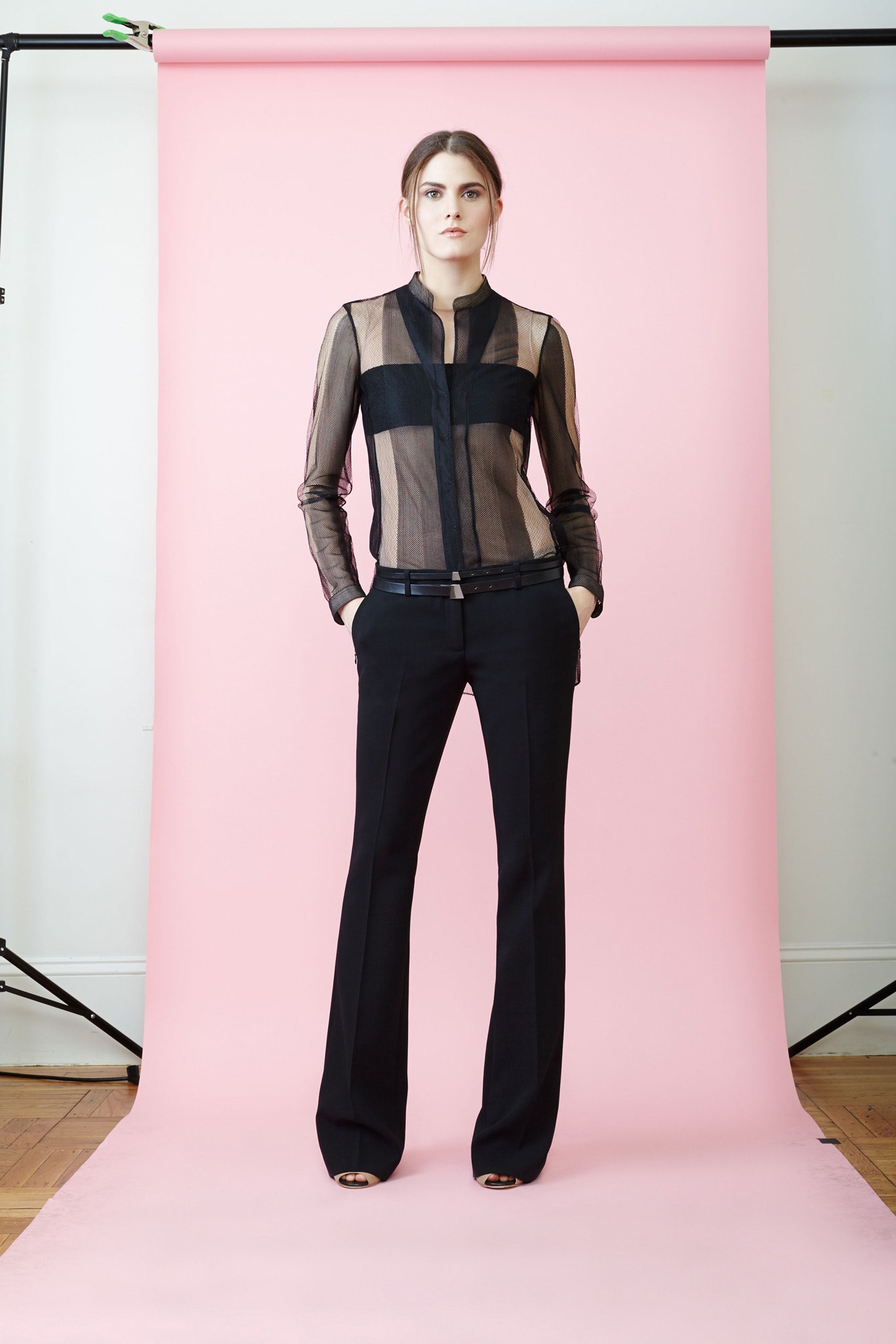 black mesh long-sleeve collared fitted buttoned sheer shirt