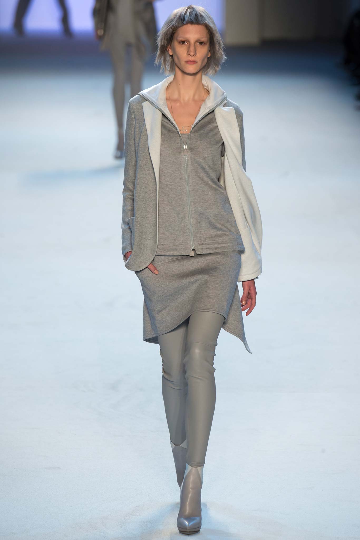 gray relaxed jacket with fitted dress