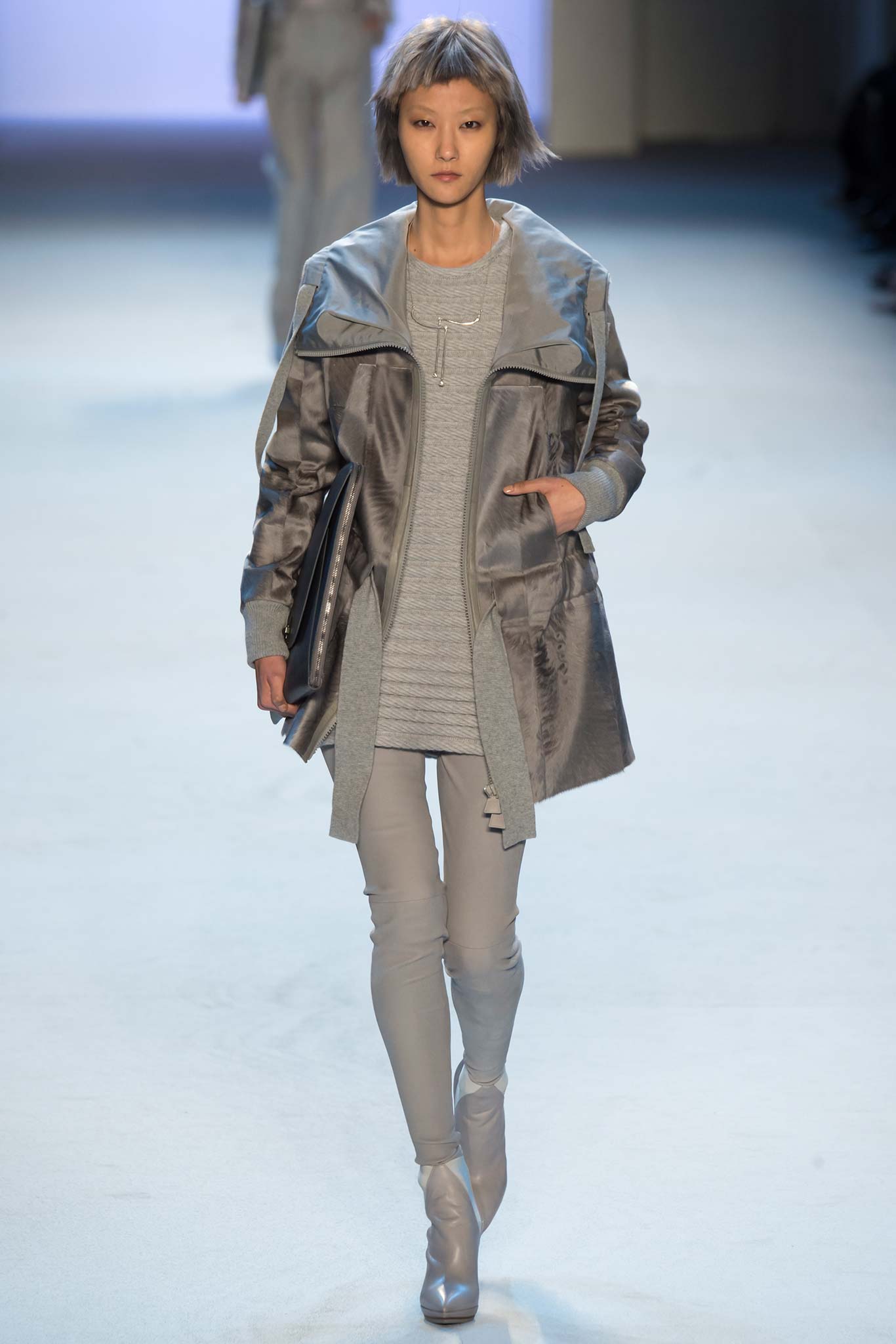 gray silk jacket with fitted top