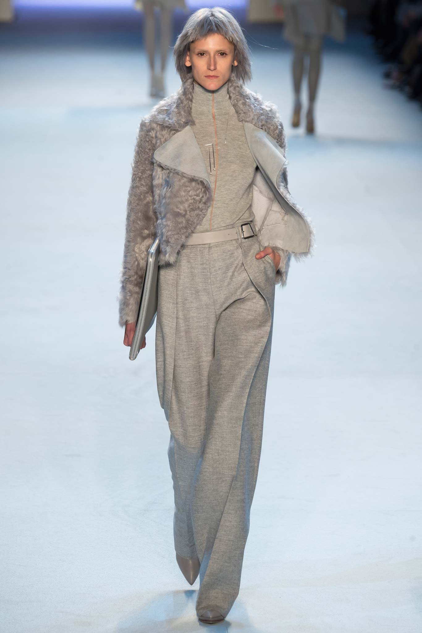 gray fur jacket and jumpsuit