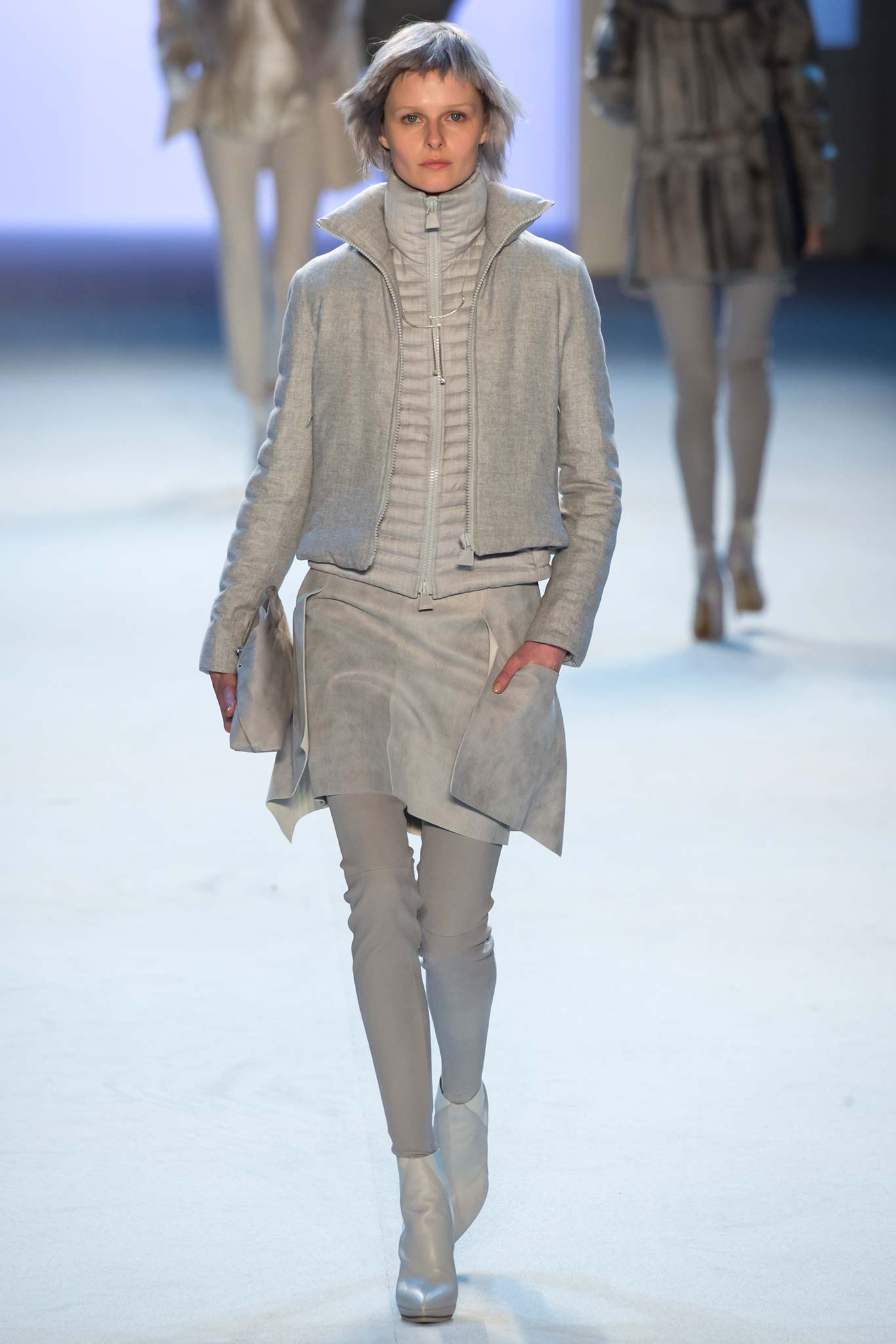 gray fitted jacket and slim pants