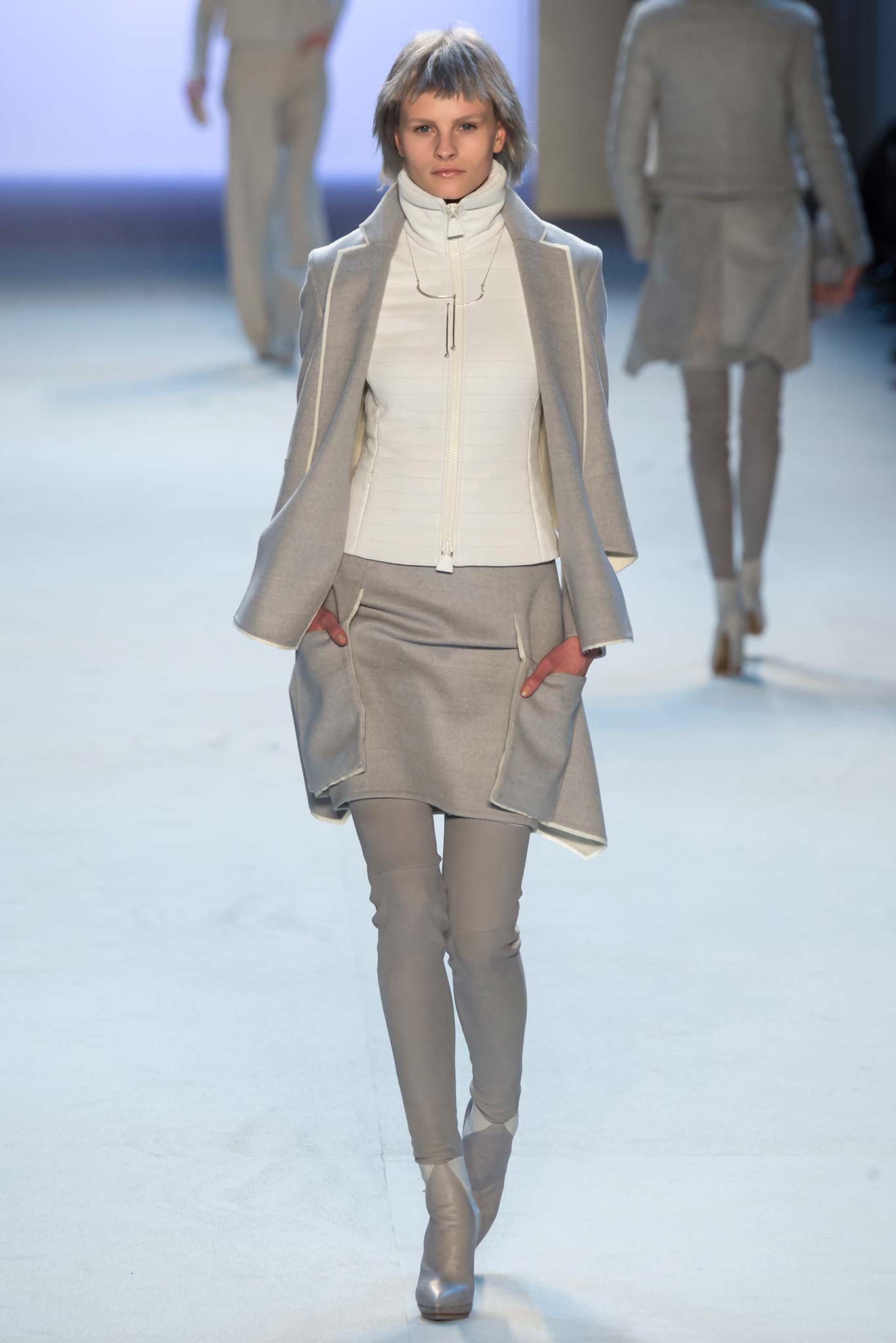 gray fitted jacket and pants outfit