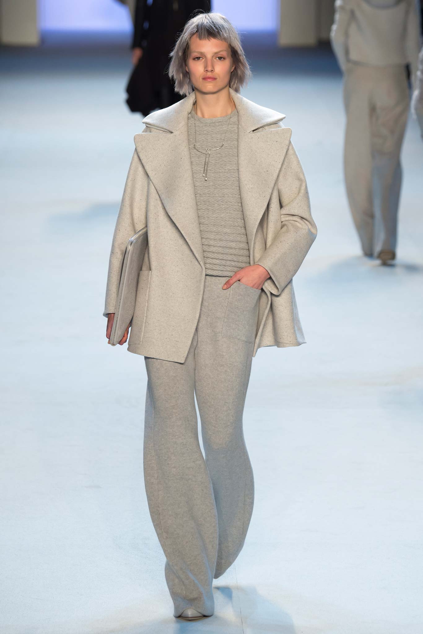 gray wool coat with wide-leg pants