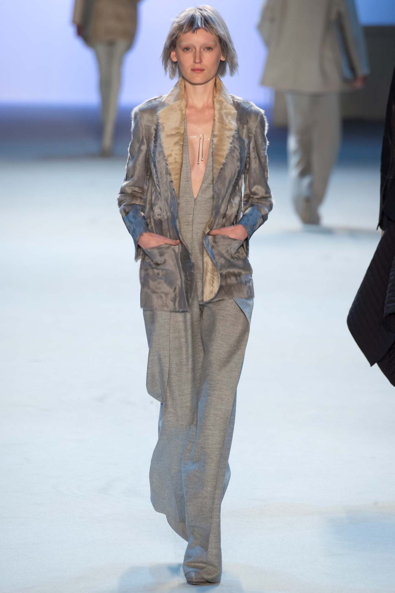 gray silk relaxed blazer and pants