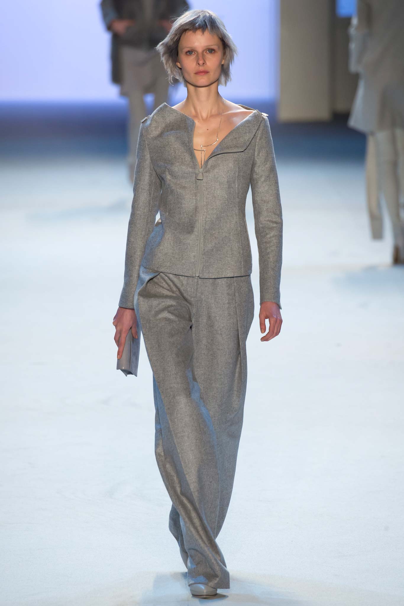 gray fitted blazer and tailored pants