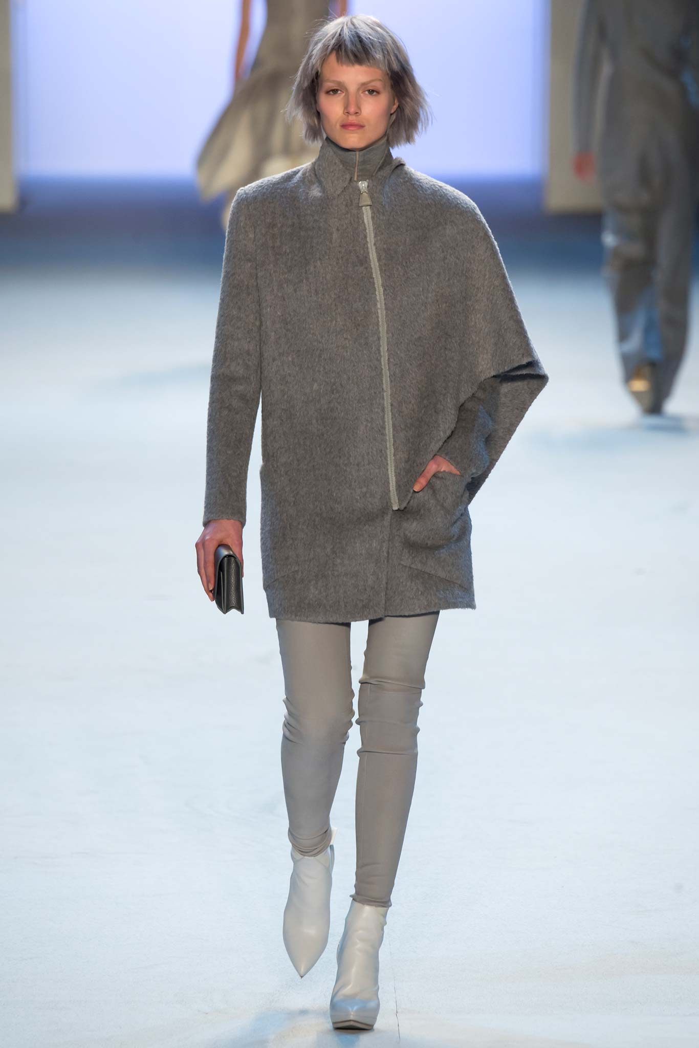gray wool coat with fitted pants