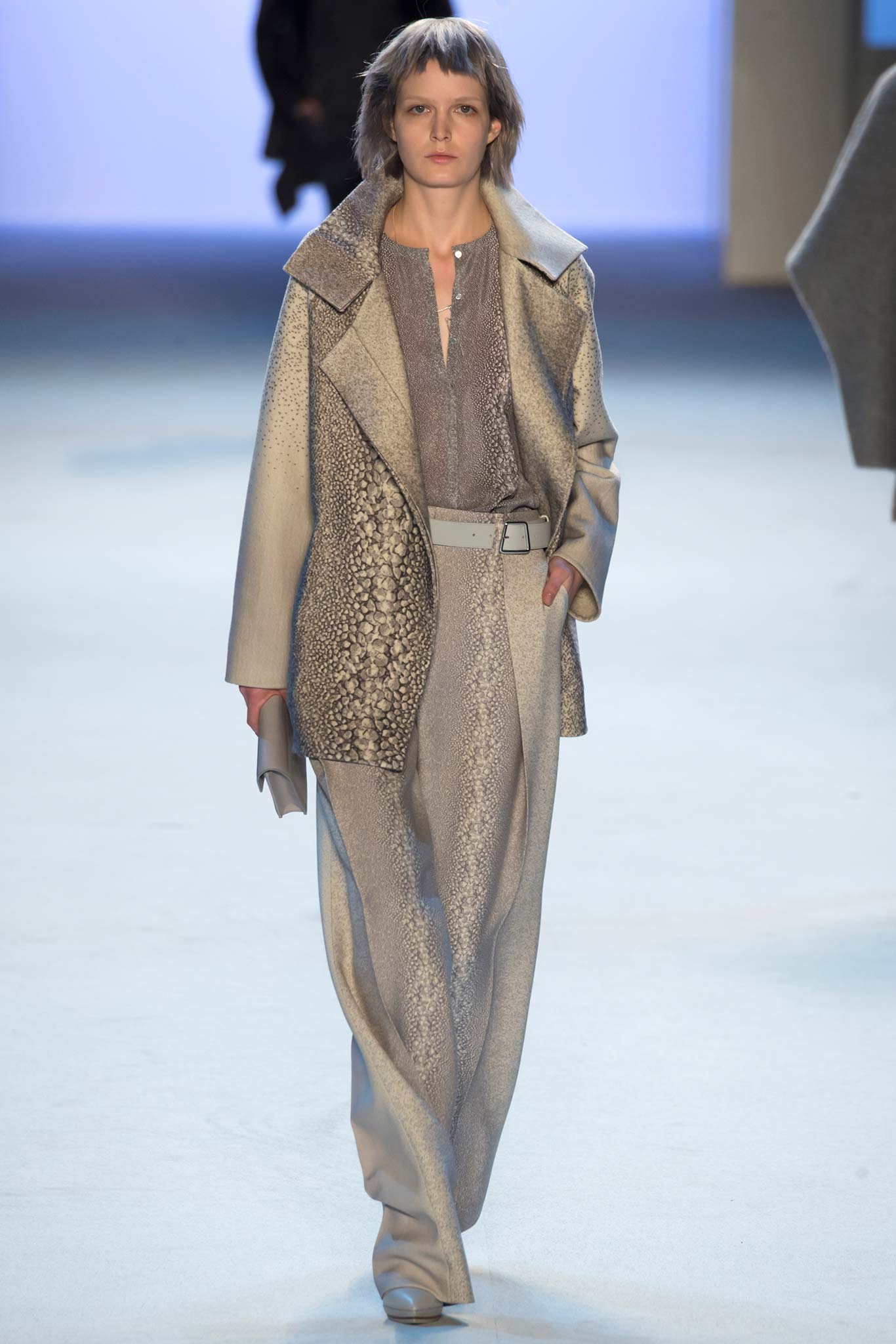 gray wool relaxed coat and shirt