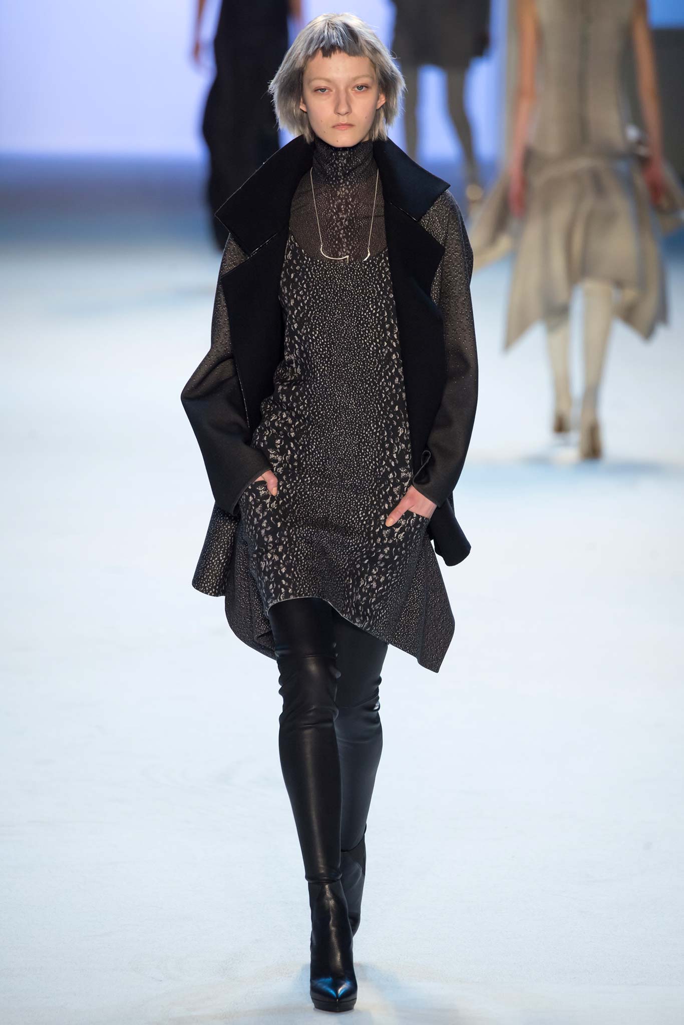 black layered midi dress with leather pants