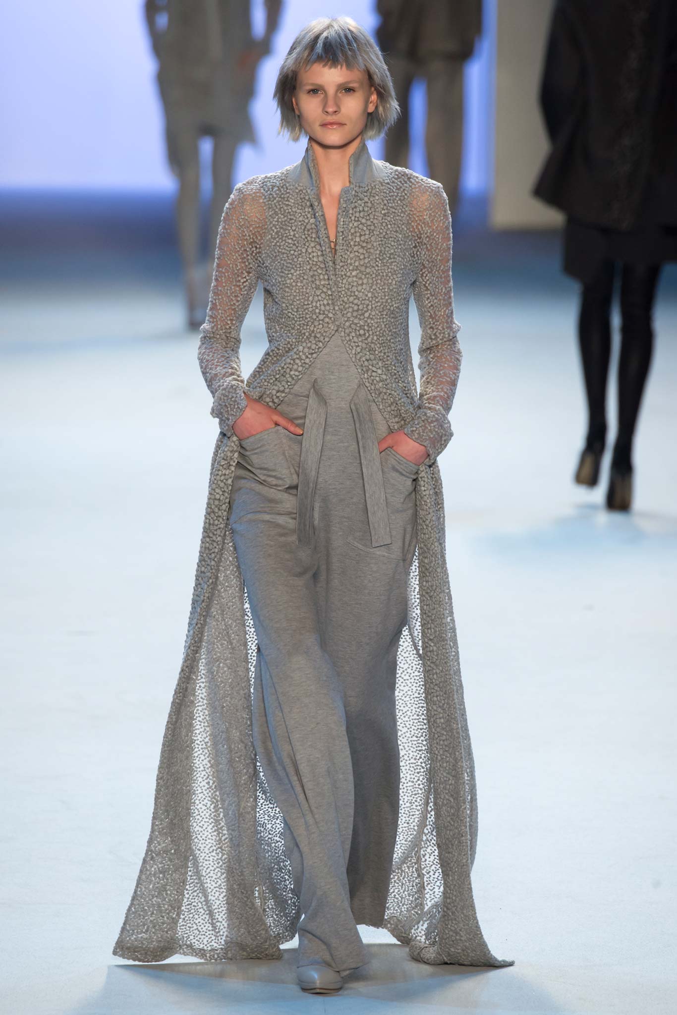 gray silk long-sleeve dress with pockets
