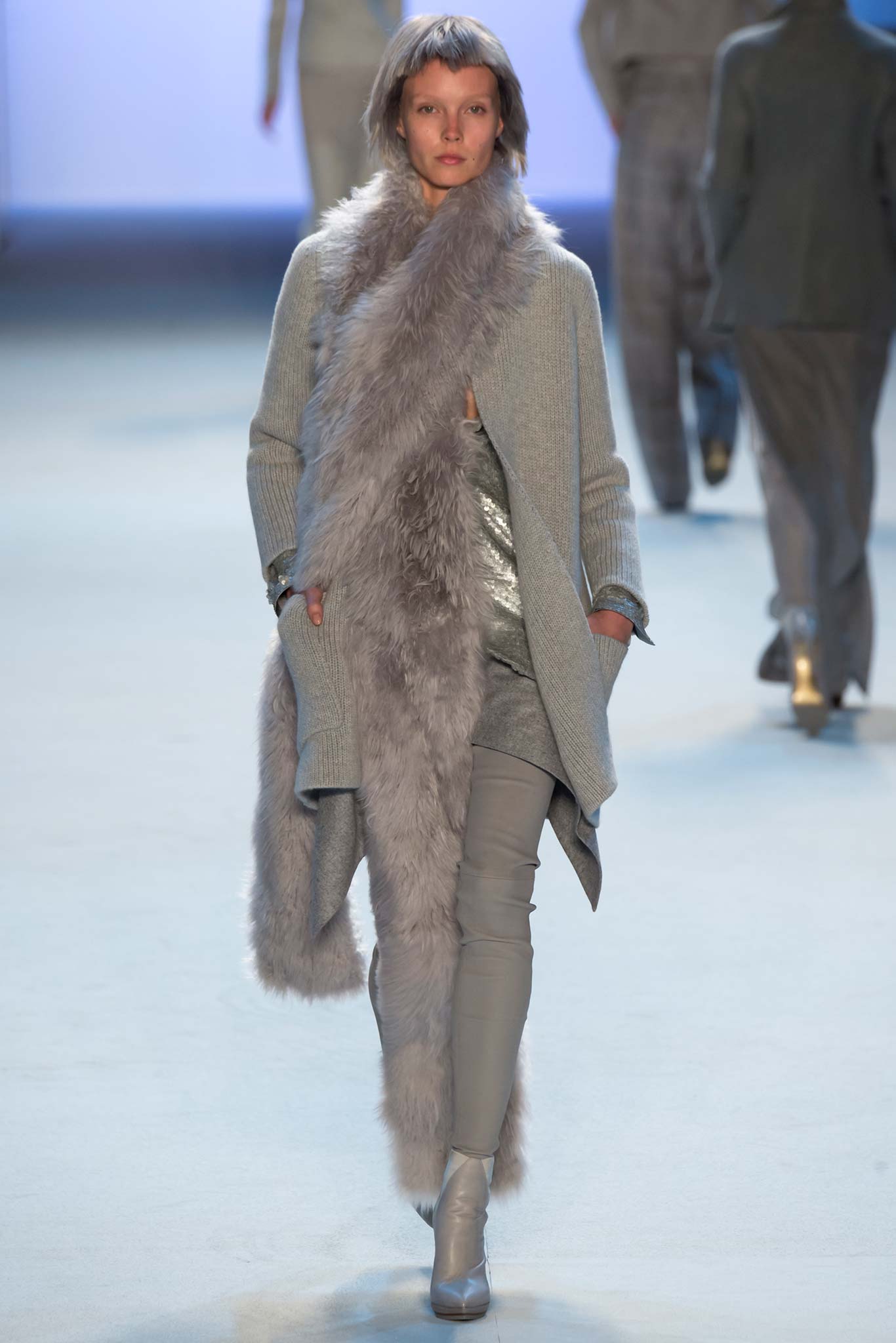 gray wool coat with silver dress