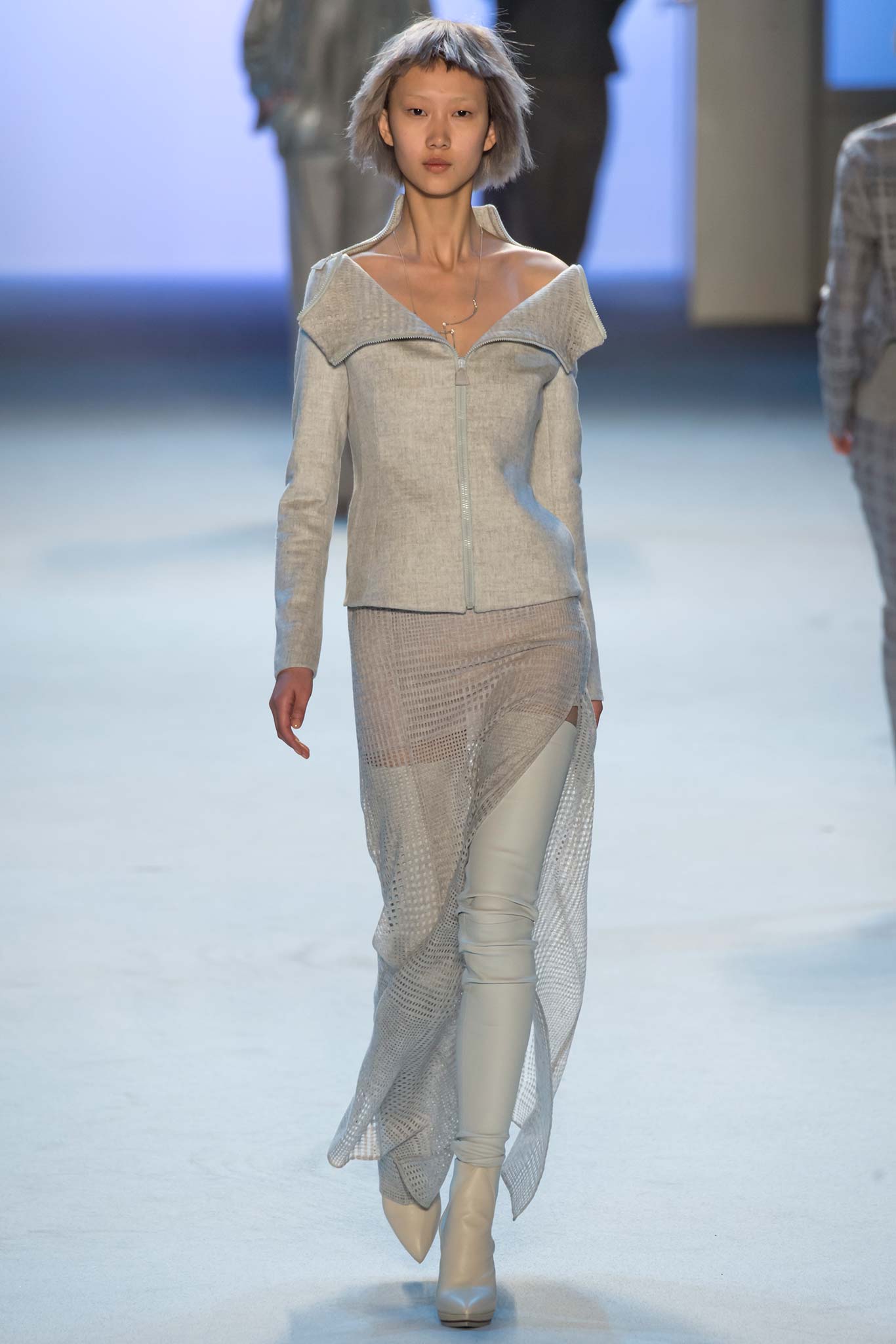 gray fitted top with white sheer skirt