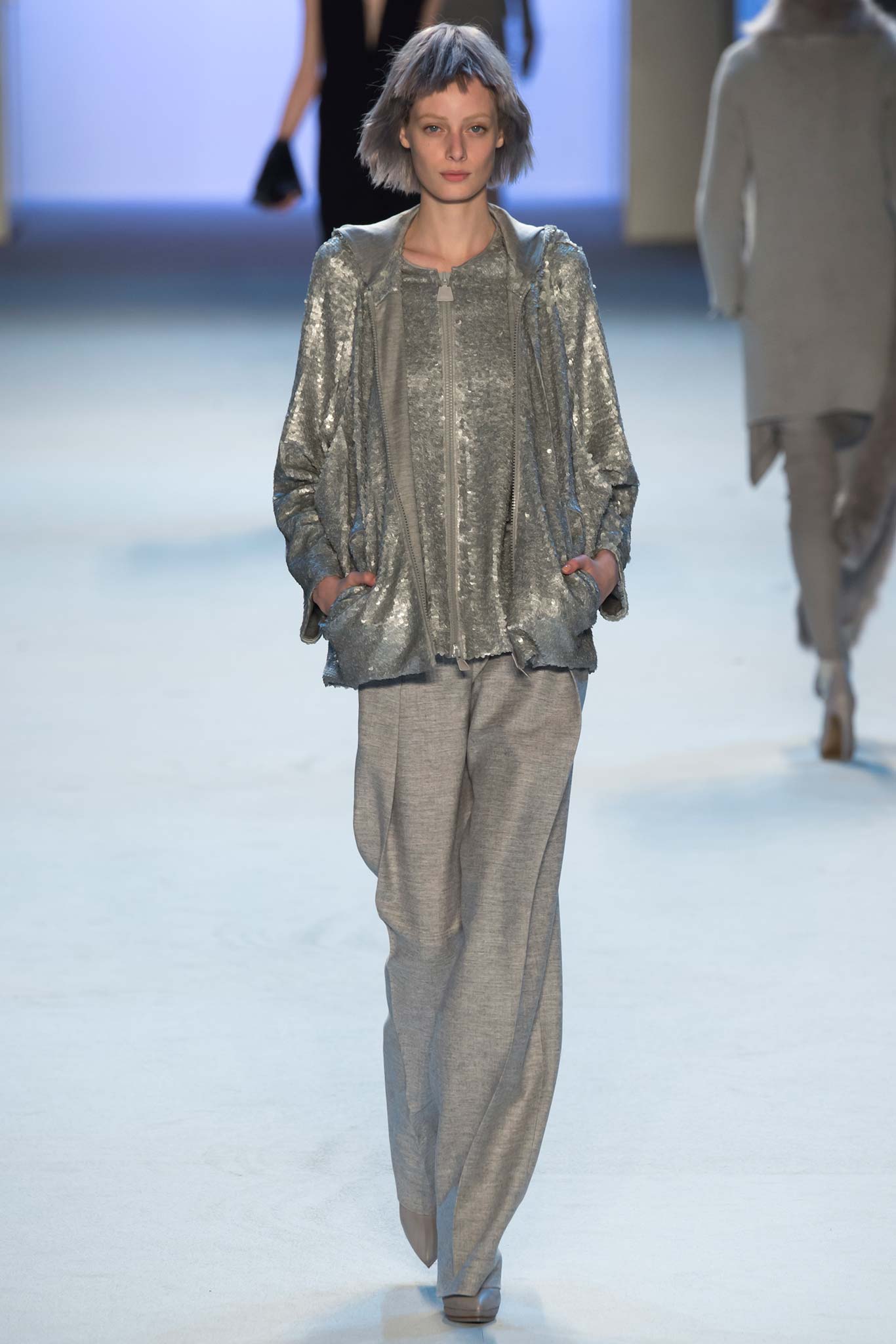 gray silk relaxed jacket and pants