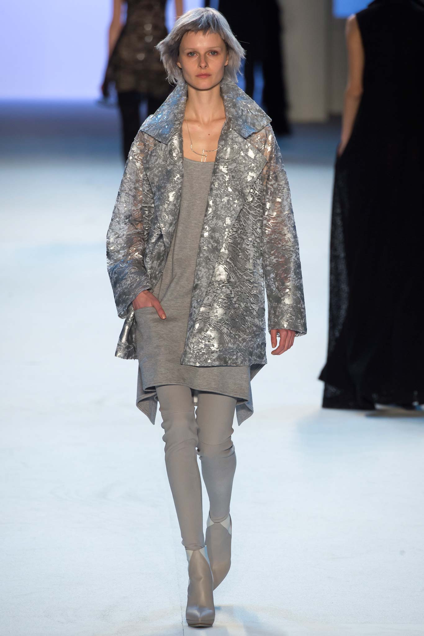 metallic silver coat with gray top