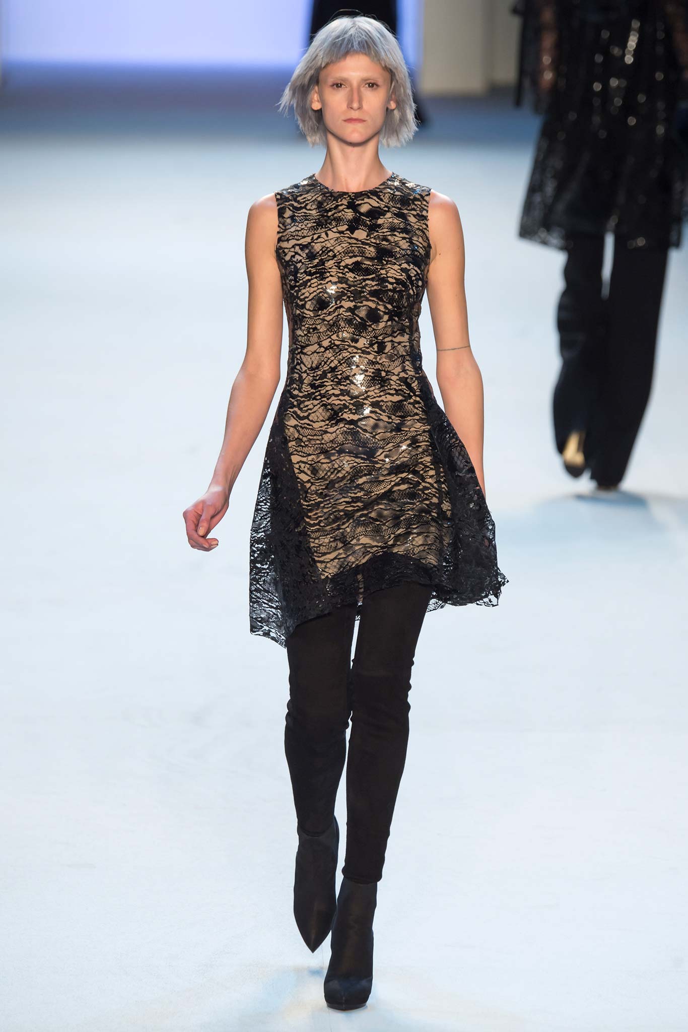 black lace mini dress with slim pants