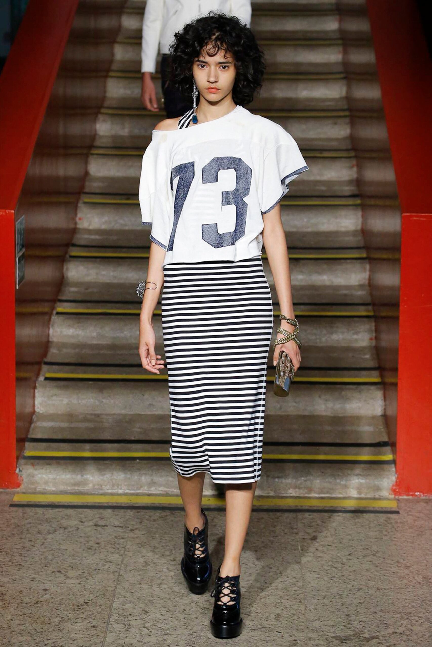 relaxed off-shoulder top with striped midi skirt