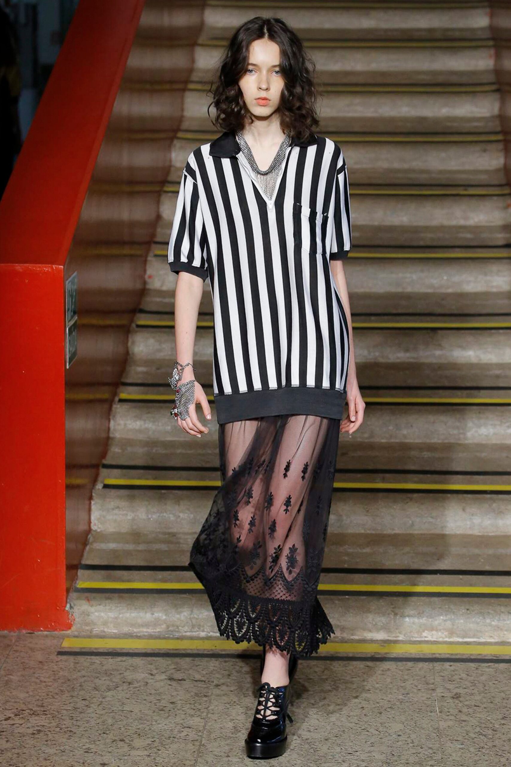 black and white striped top with lace skirt