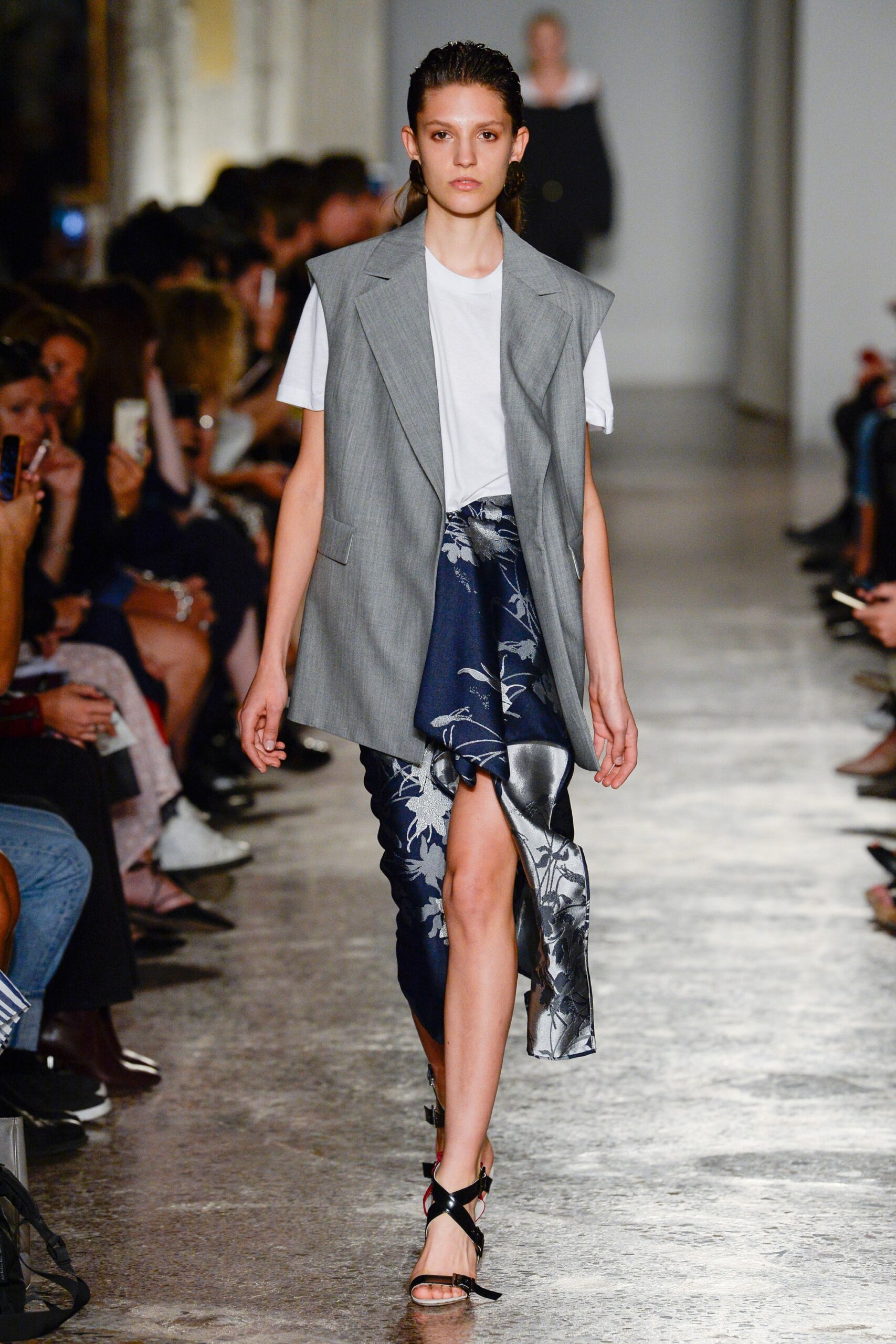 gray blazer white t-shirt blue skirt