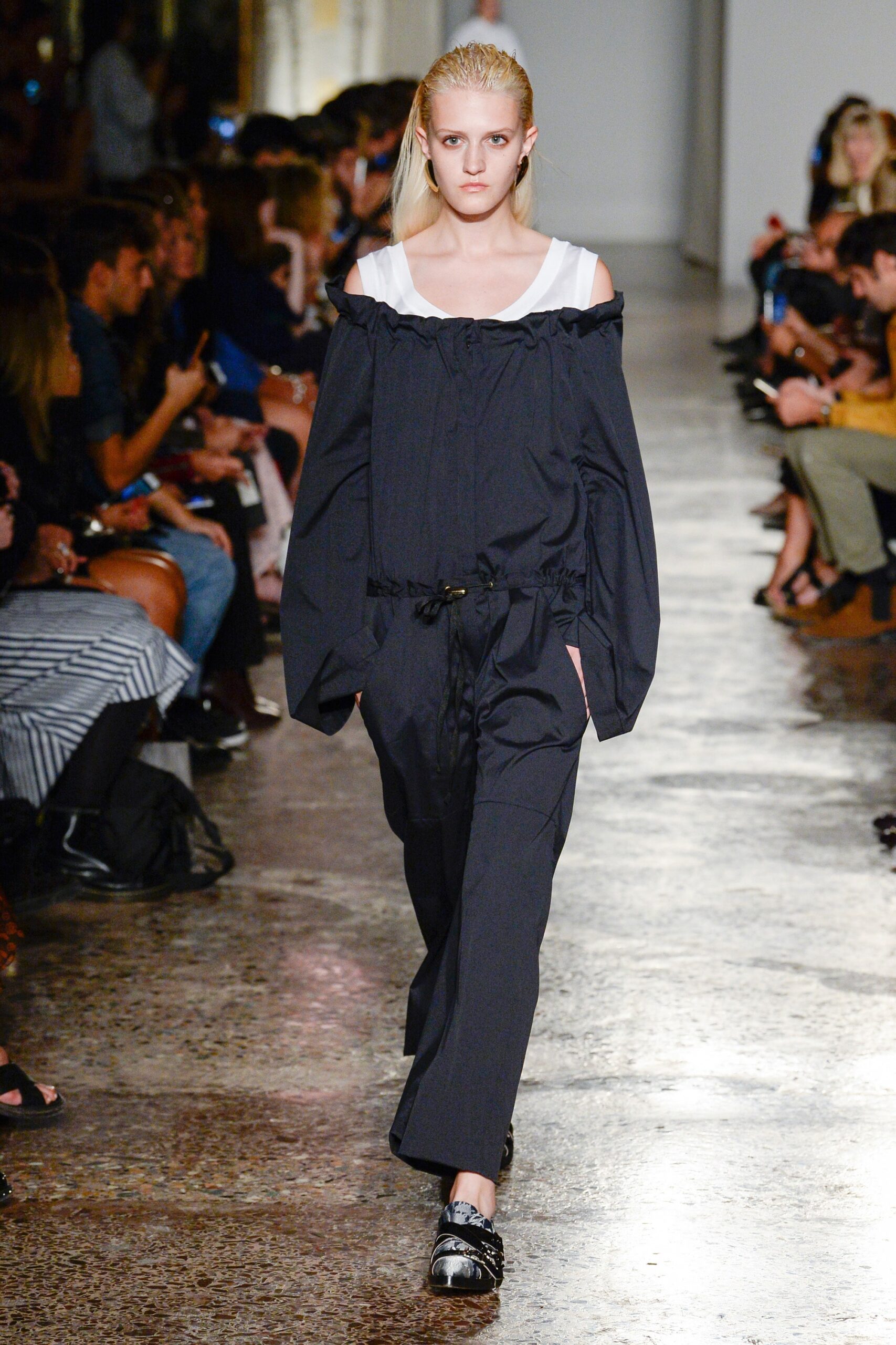black relaxed off-shoulder jumpsuit