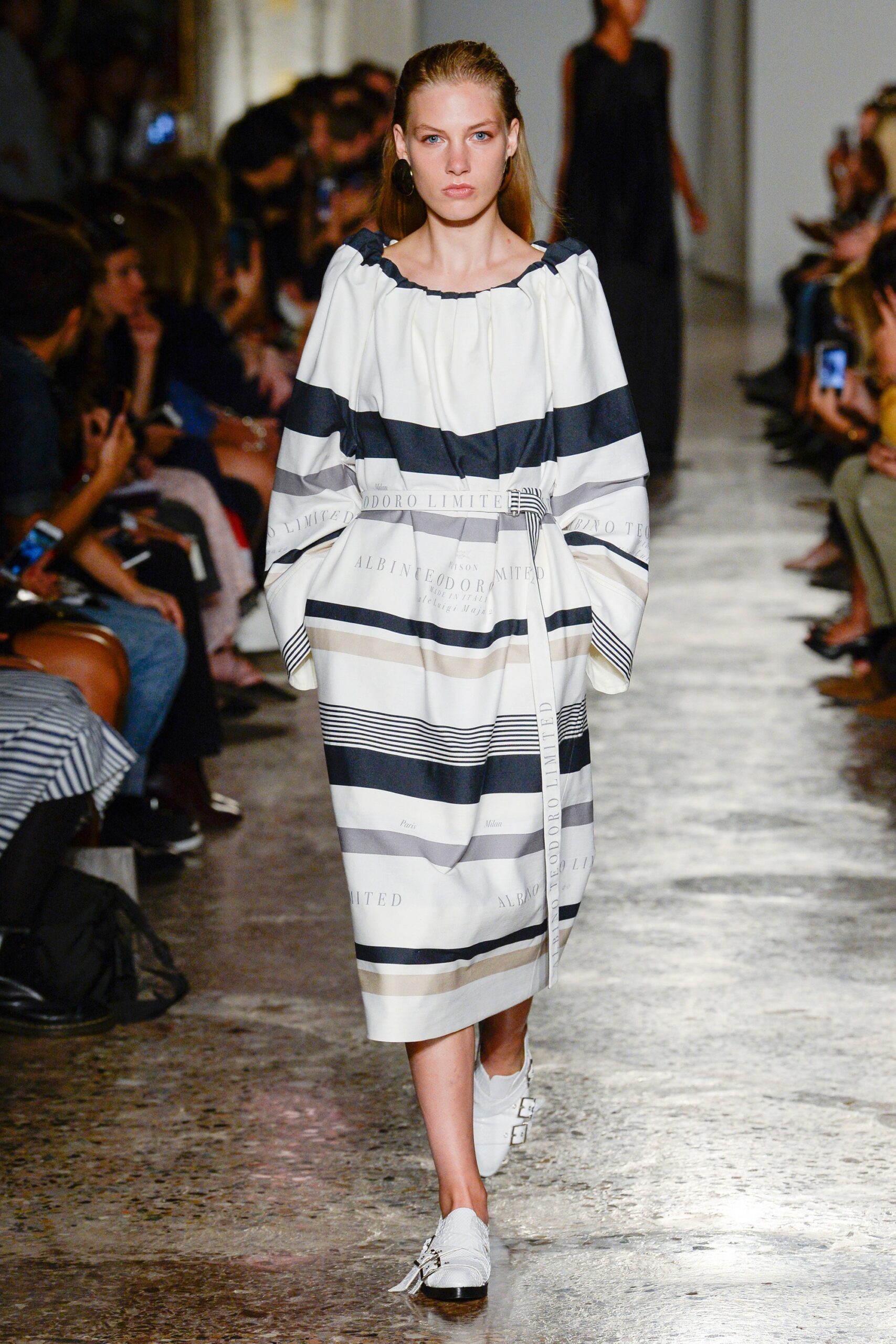 relaxed striped midi dress with white shoes