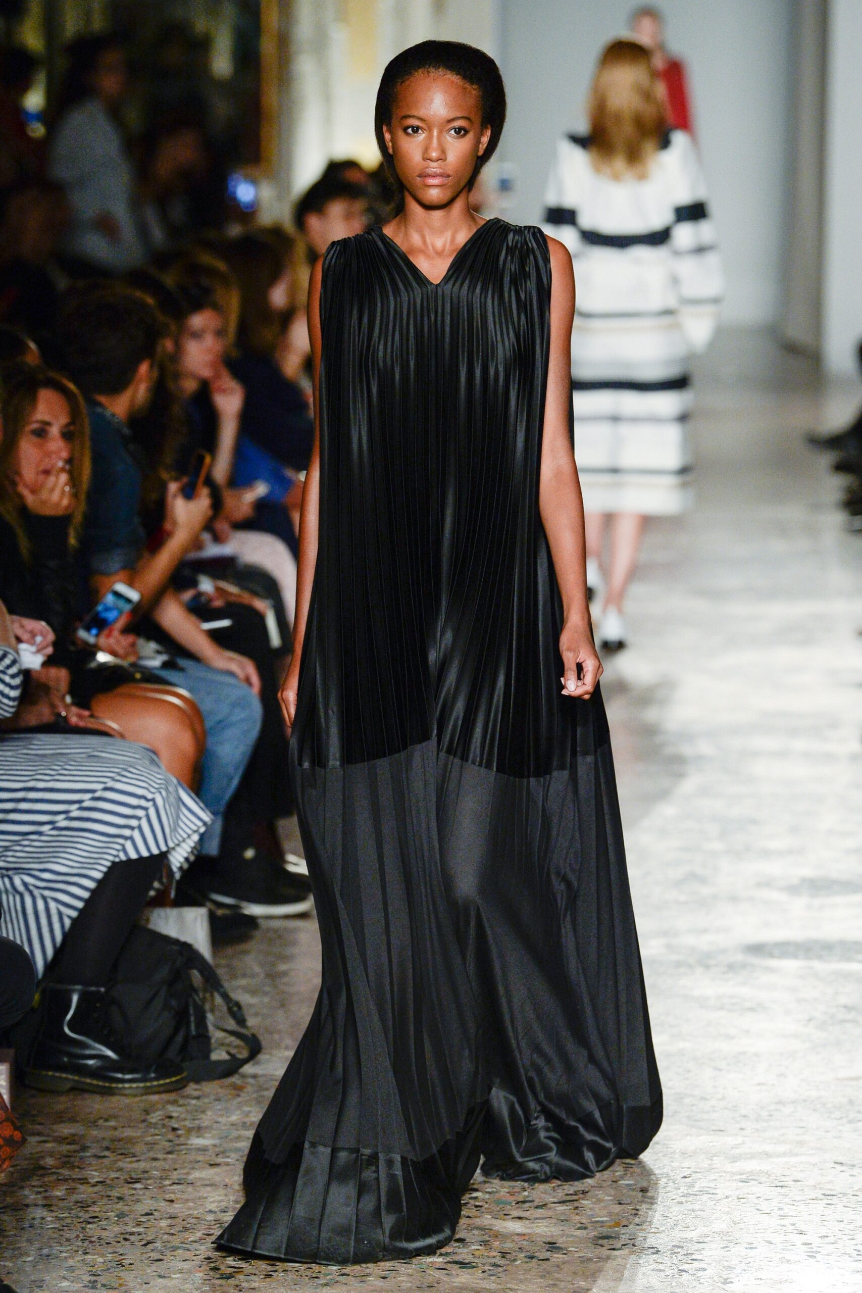 black silk sleeveless pleated dress