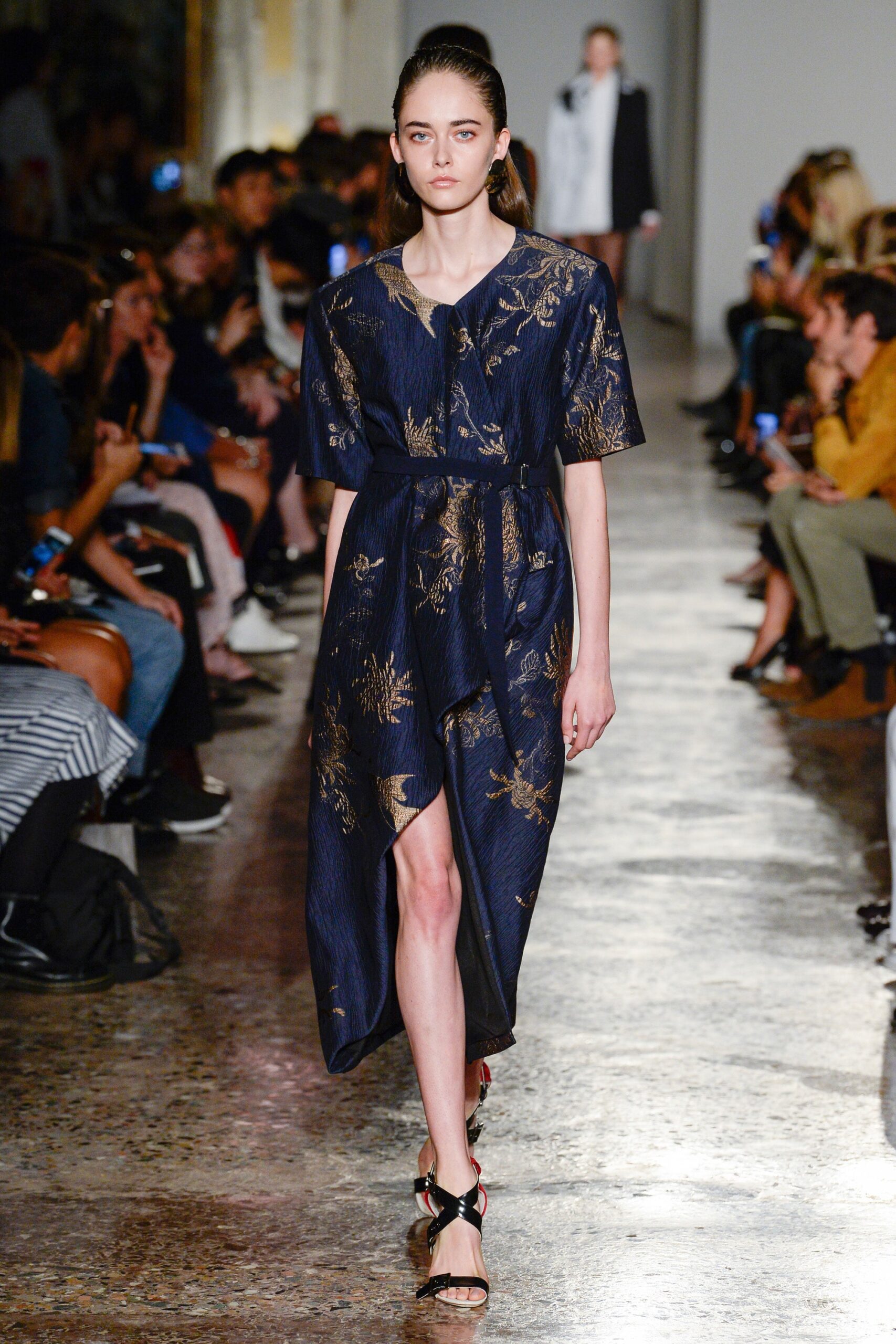 blue silk embroidered midi dress