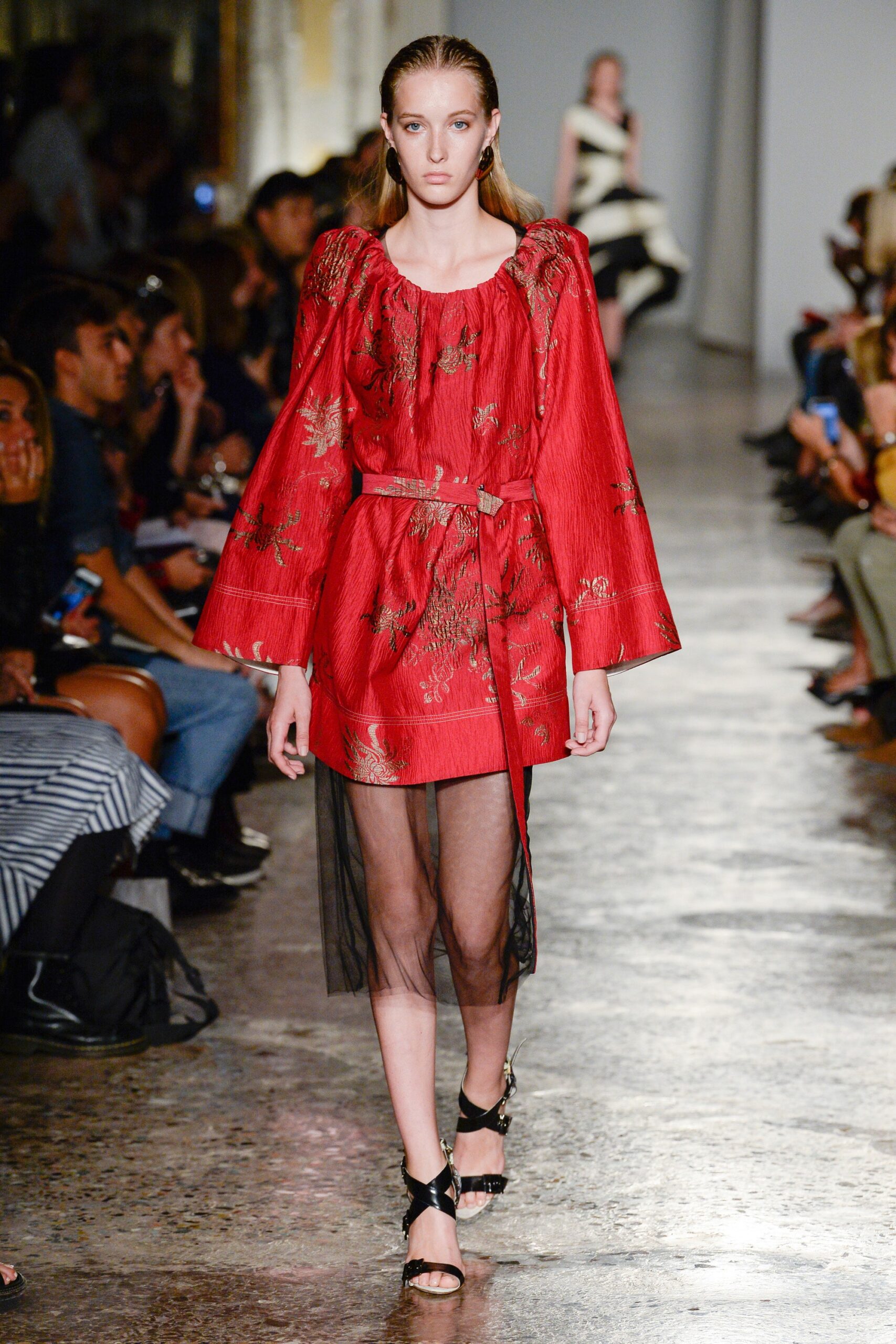 red silk long-sleeve v-neck fitted embroidered belted dress