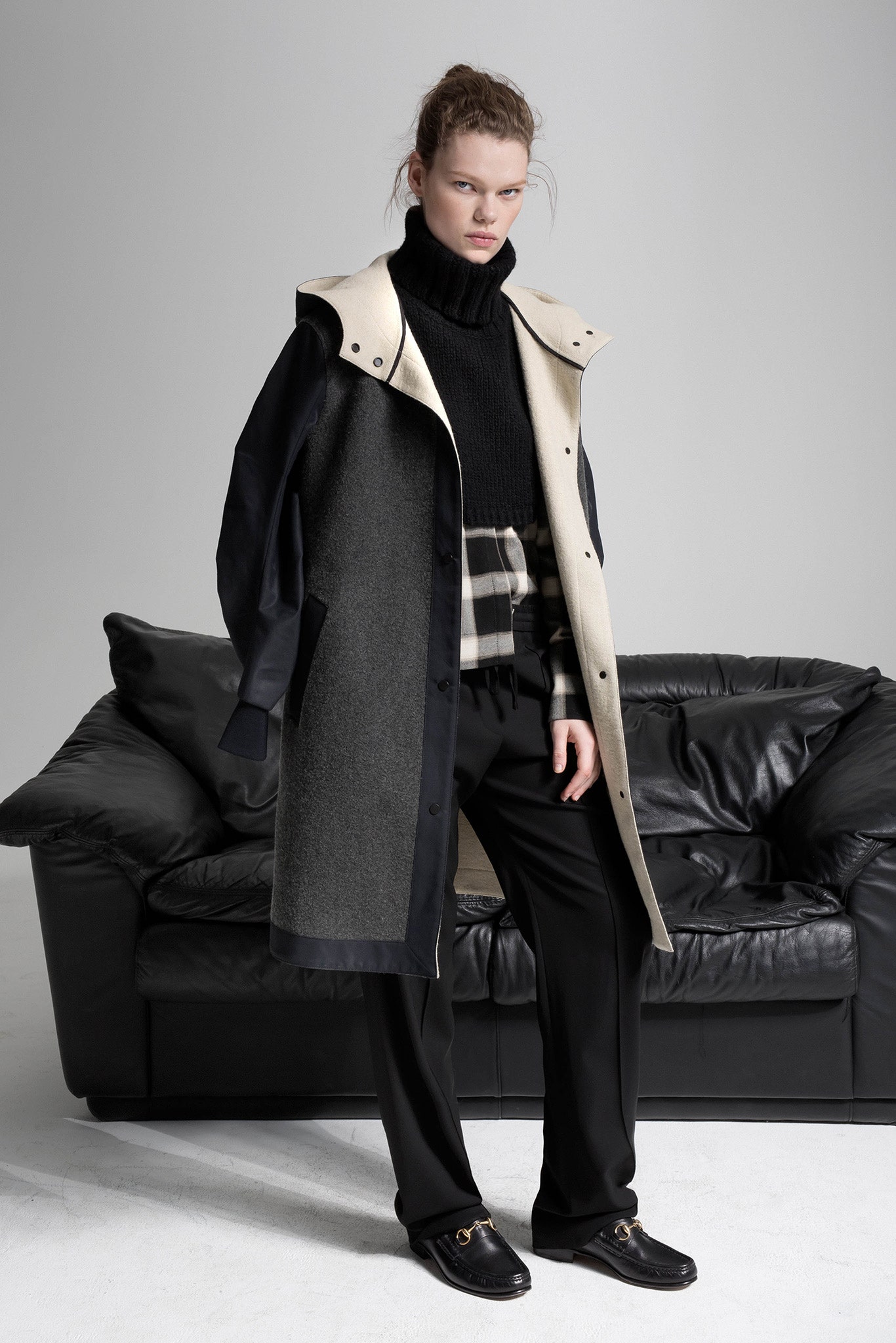 black gray beige layered coat