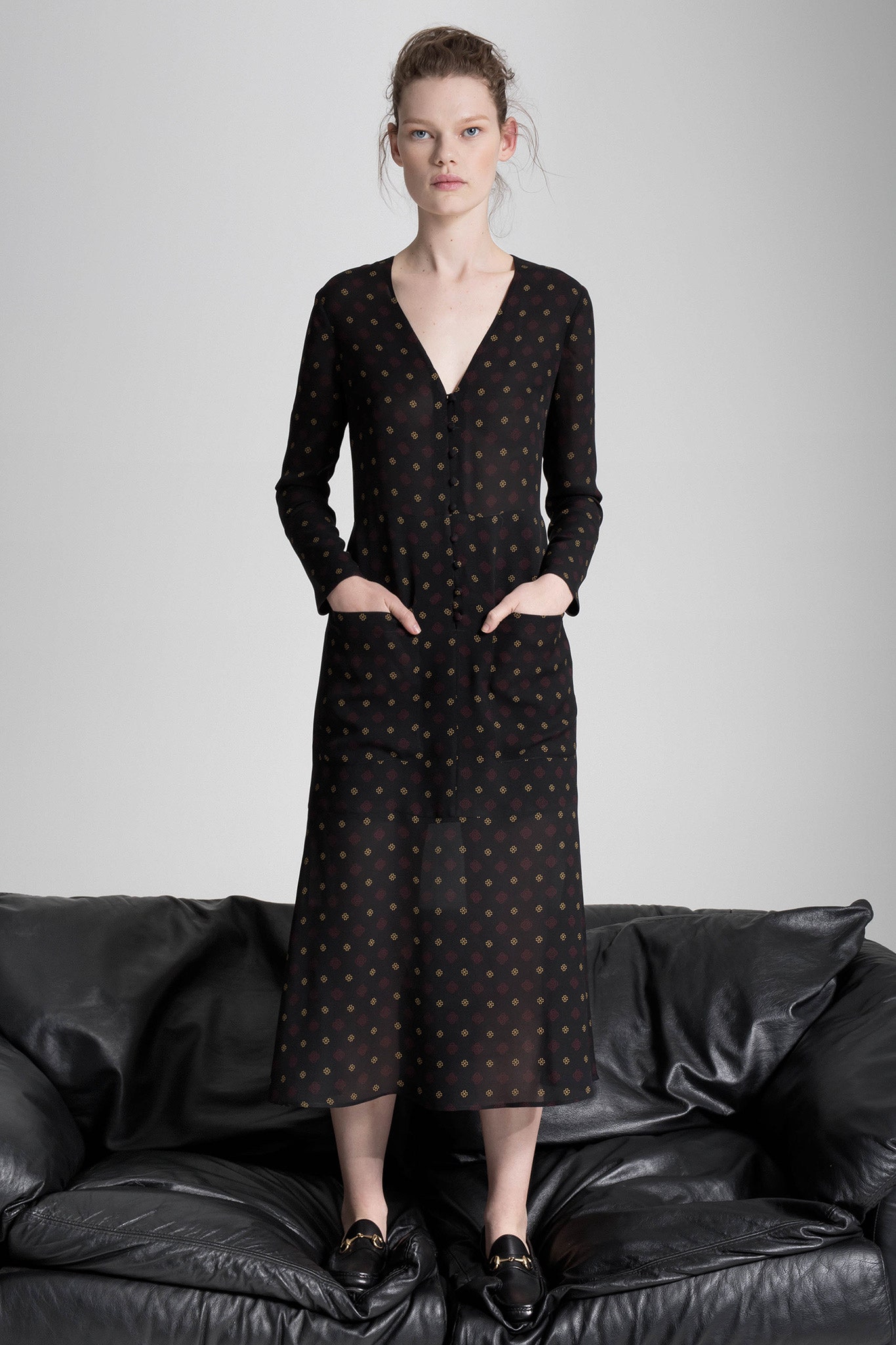 black silk printed midi dress