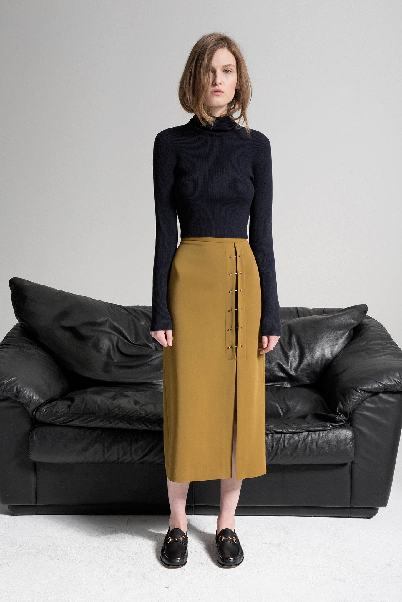yellow cotton asymmetric fitted buttoned midi skirt